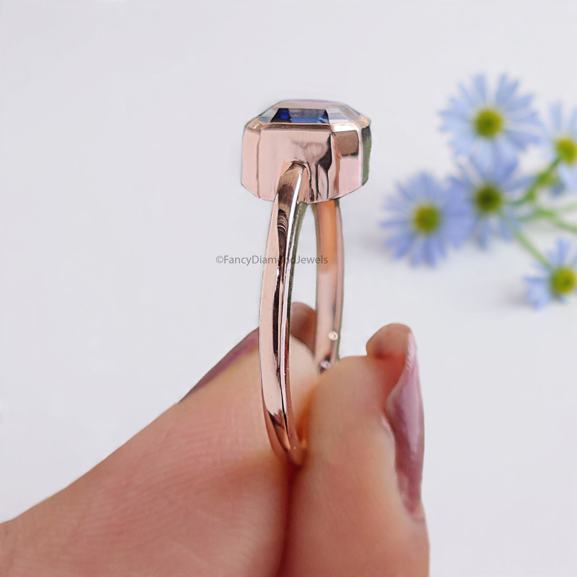 1.20 CT Radiant Moissanite Royal Blue Moissanite Ring Solitaire Engagement Ring Bezel Set Ring Rose Gold Ring Comfort Fit Ring For Her FD222