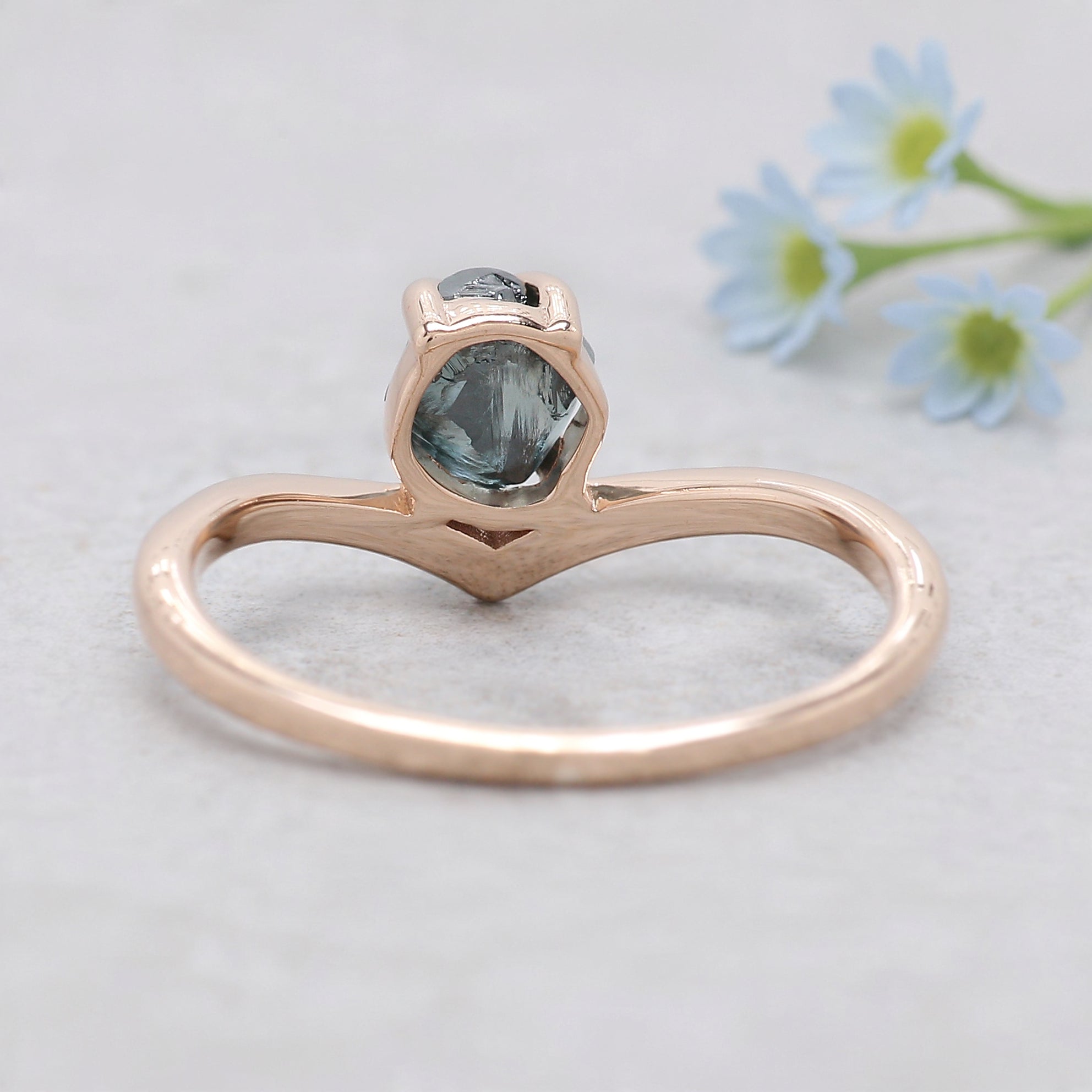 0.97 Ct Natural Rough Cut Blue Color Diamond Ring 5.65 MM Crystal Rough Diamond Ring 14K Solid Rose Gold Silver Engagement Ring QL2347