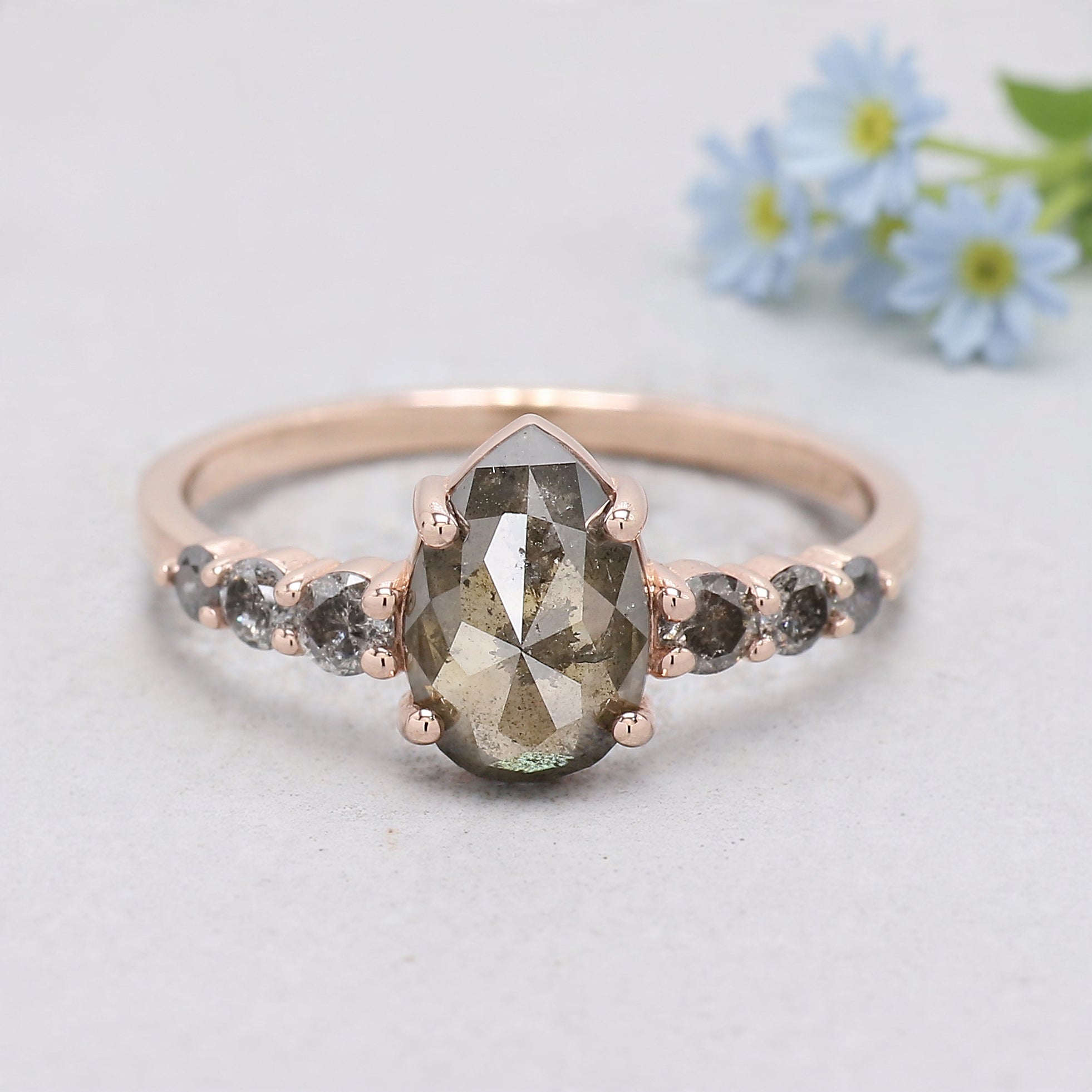 Pear Shape Green Diamond Ring, Rustic Diamond Engagement Ring, 14K Rose Gold Minimalist Ring, Unique Bridal Jewelry, Gift for Her KDK2608