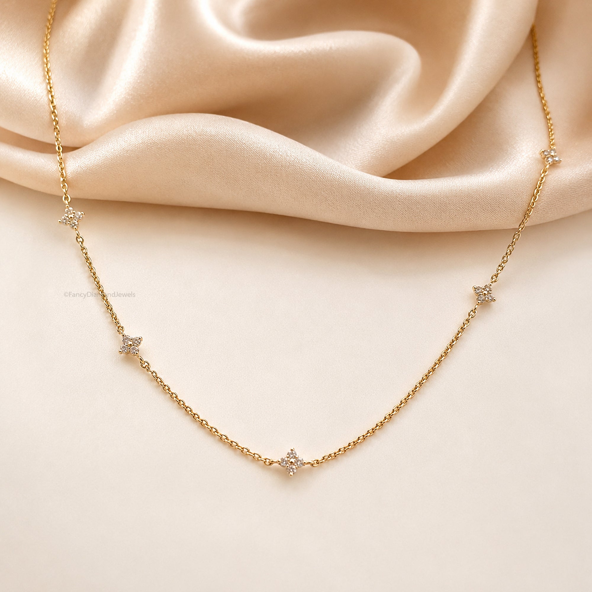 18K Gold Attached Diamond Station Necklace | Four Leaf Clover Star Necklace | Dainty or Large Diamond Chain | Everyday Fine Jewelry FD569