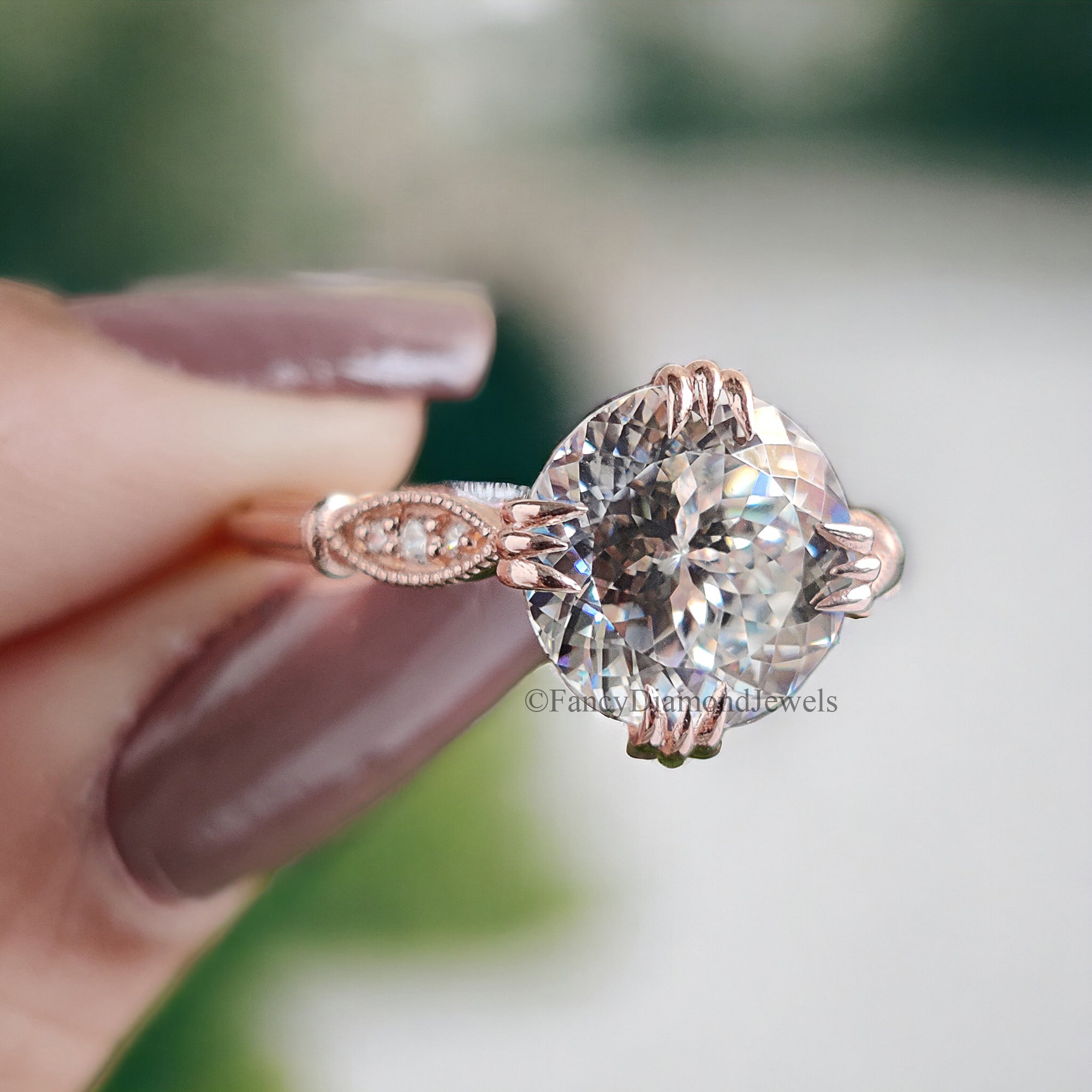 Vintage Style Engagement Ring 2.26 TW Portuguese Cut Moissanite Fishtail Prong Ring Wedding Ring for Women Cathedral Milgrain Ring FD10