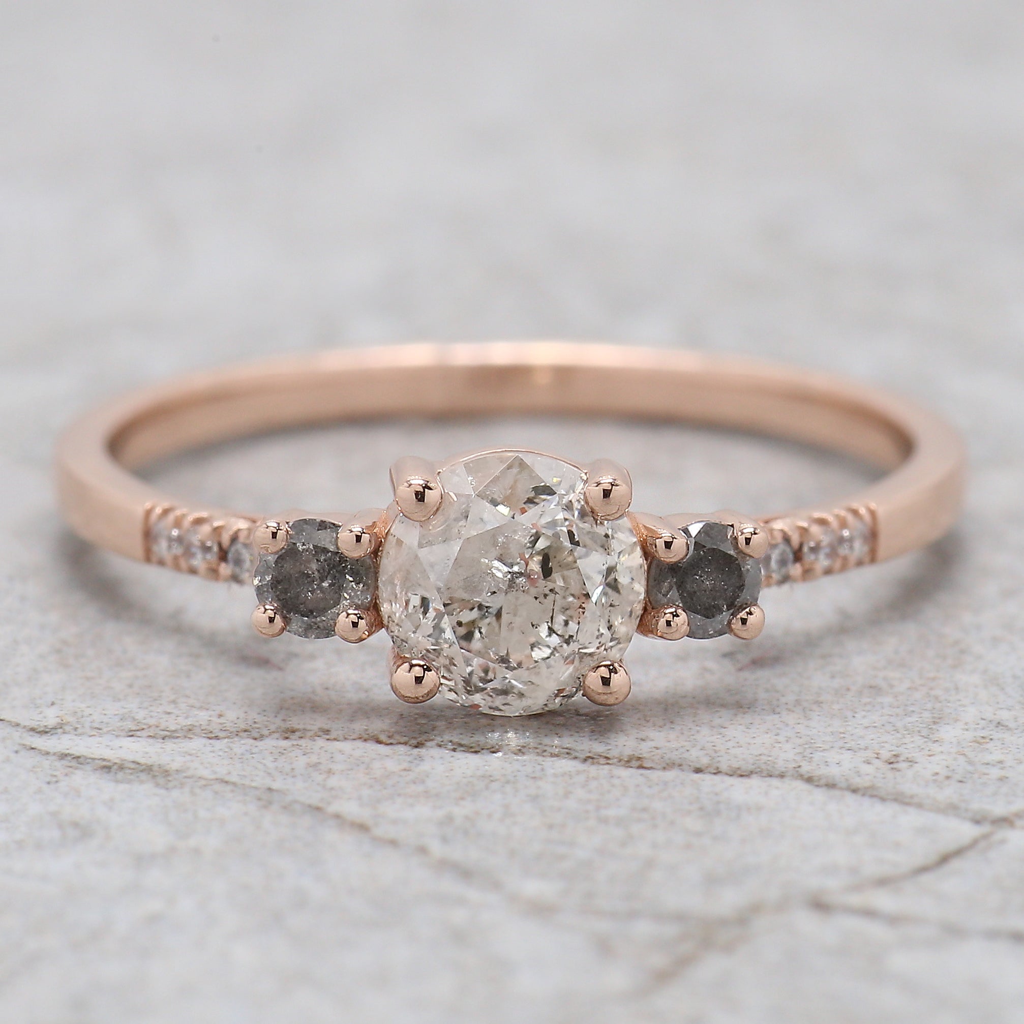 Round Cut Salt And Pepper Diamond Ring 0.83 Ct 5.64 MM Round Diamond Ring 14K Solid Rose Gold Silver Engagement Ring Gift For Her QN2184