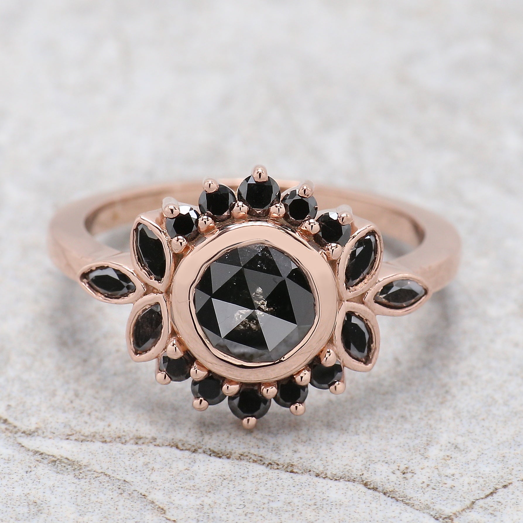 Round Rose Cut Black Color Diamond Ring 0.80 Ct 6.00 MM Rose Cut Diamond Ring 14K Solid Rose Gold Silver Engagement Ring Gift For Her QN9075
