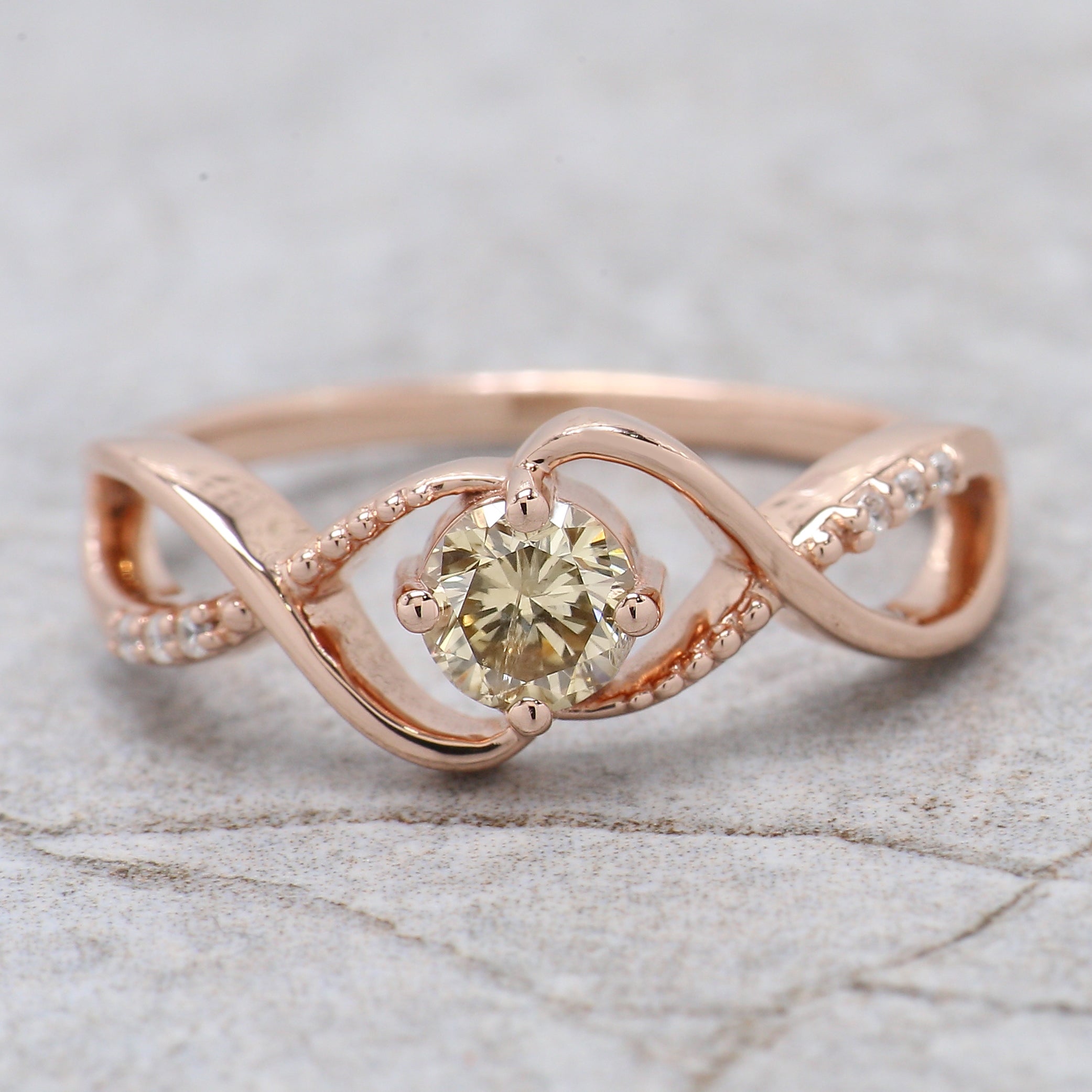 Round Yellow Color Diamond Ring 0.38 Ct 4.55 MM Round Shape Diamond Ring 14K Solid Rose Gold Silver Engagement Ring Gift For Her QN2180