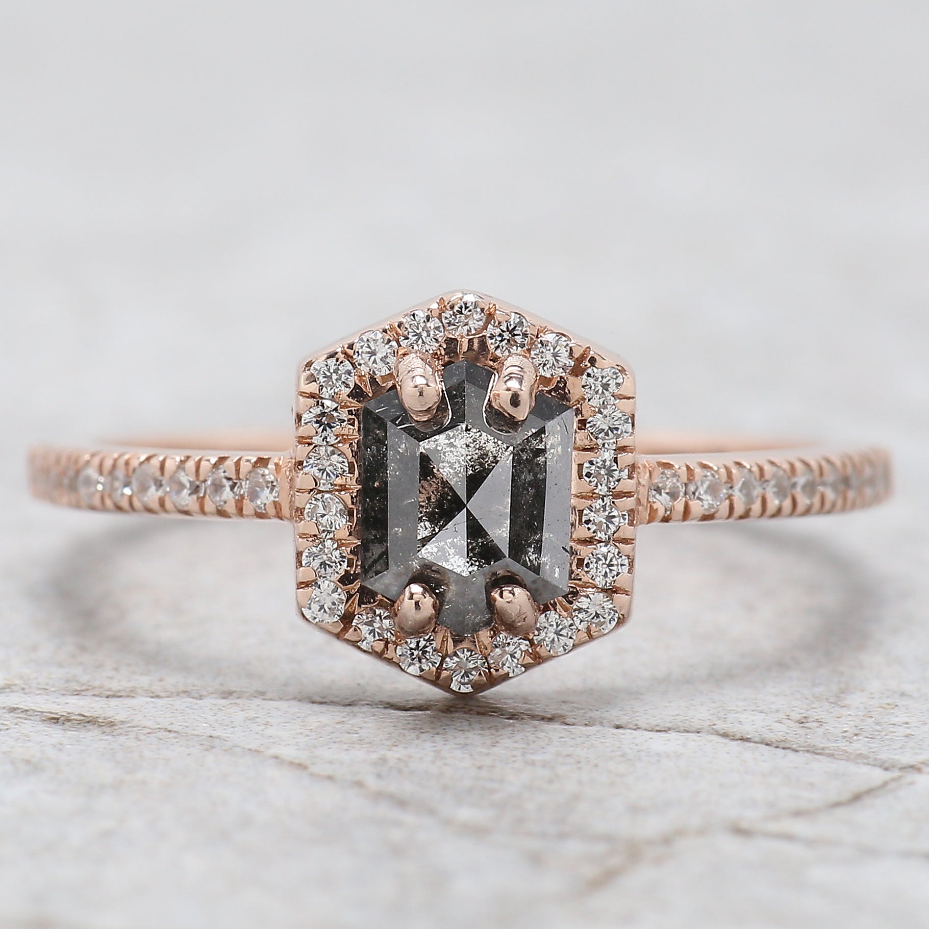 Hexagon Cut Salt And Pepper Diamond Ring 0.72 Ct 6.20 MM Hexagon Diamond Ring 14K Solid Rose Gold Silver Engagement Ring Gift For Her QL1236