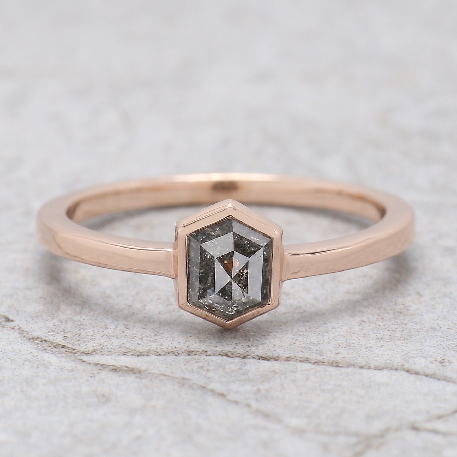 Hexagon Cut Salt And Pepper Diamond Ring 0.76 Ct 5.96 MM Hexagon Diamond Ring 14K Solid Rose Gold Silver Engagement Ring Gift For Her QN2187