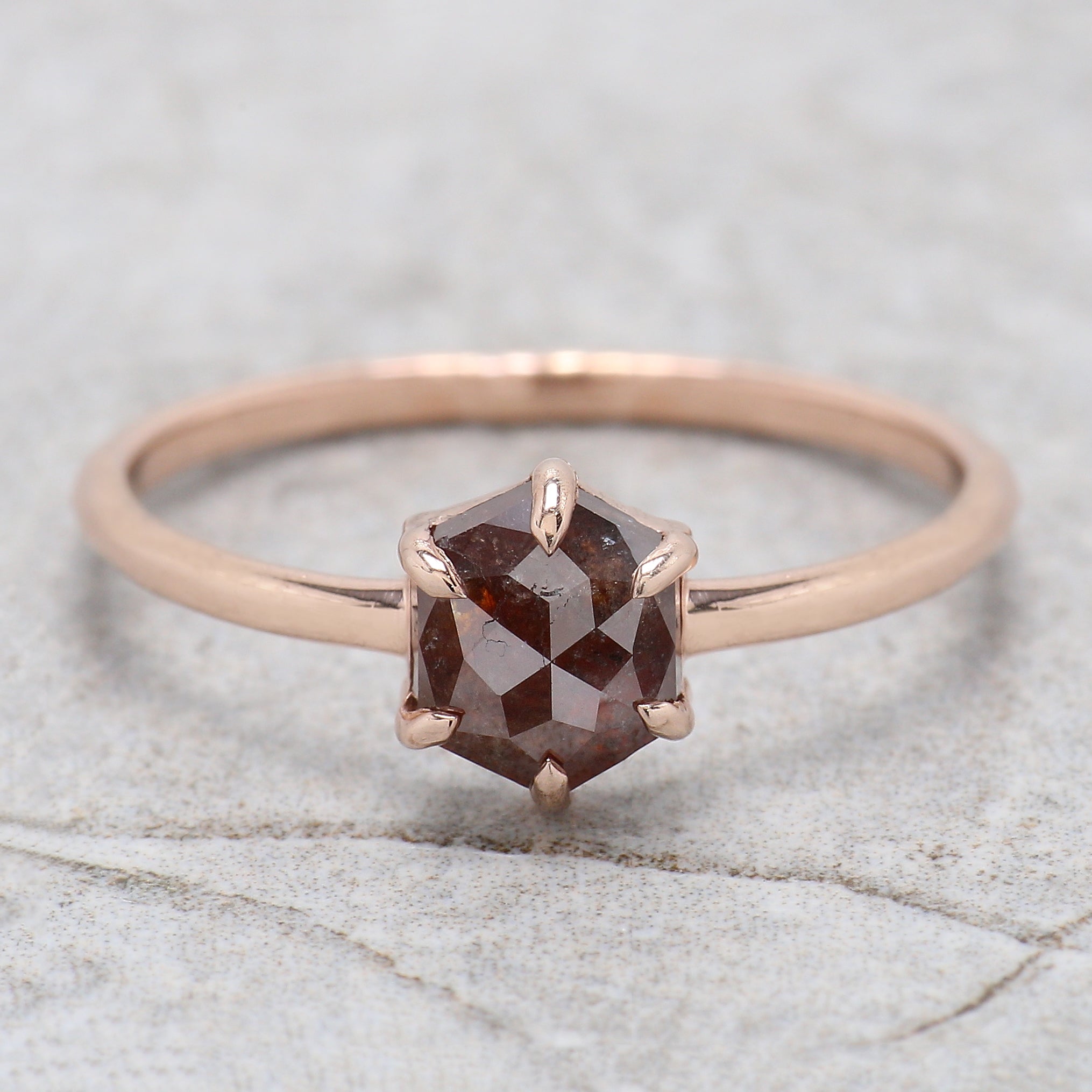 Hexagon Brown Color Diamond Ring 0.96 Ct 6.78 MM Hexagon Shape Diamond Ring 14K Solid Rose Gold Silver Engagement Ring Gift For Her QL2850