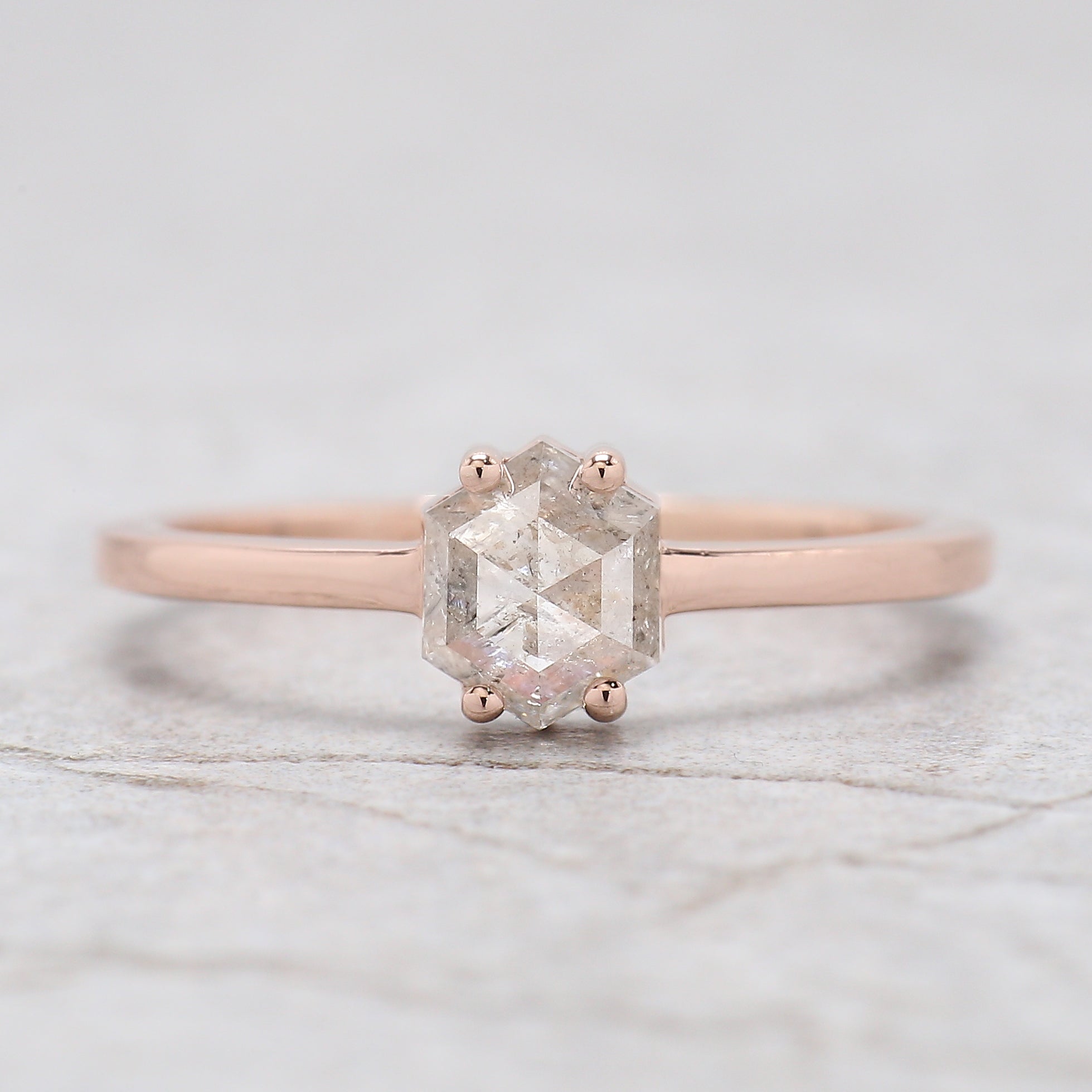 Hexagon Cut Salt And Pepper Diamond Ring 0.78 Ct 6.15 MM Hexagon Diamond Ring 14K Solid Rose Gold Silver Engagement Ring Gift For Her QN2183