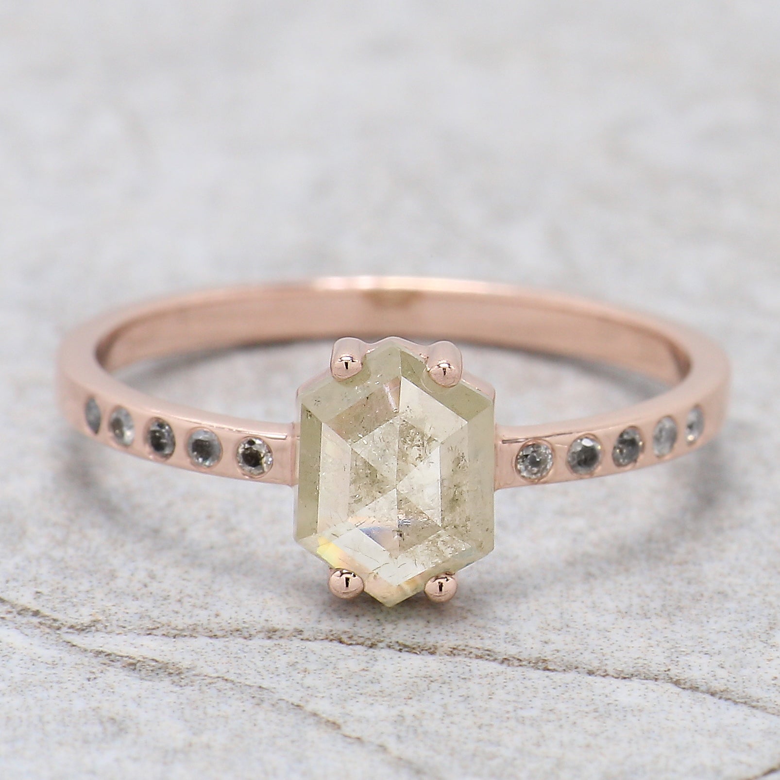 Hexagon Grey Color Diamond Ring 0.75 Ct 7.45 MM Hexagon Shape Diamond Ring 14K Solid Rose Gold Silver Engagement Ring Gift For Her QK2097