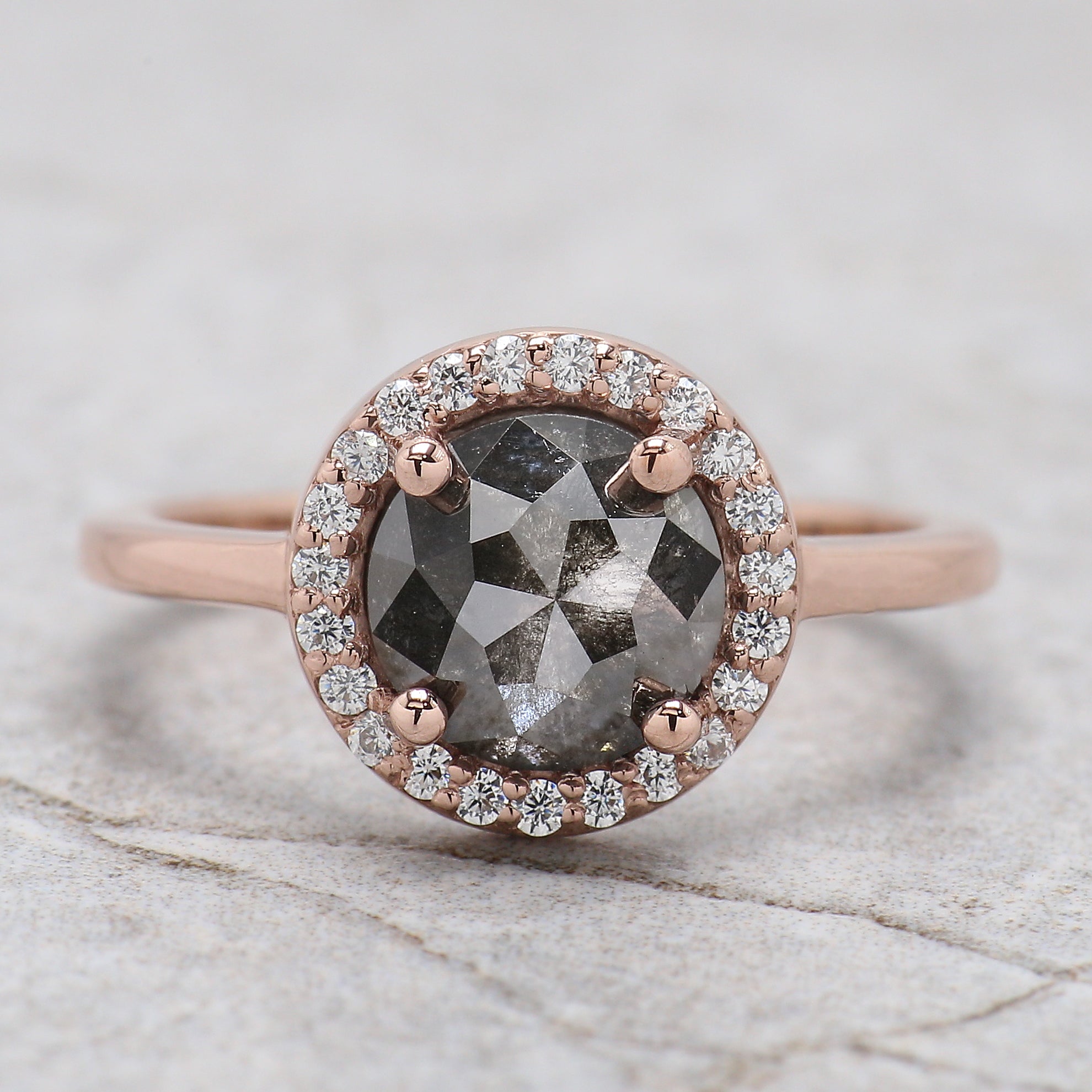 Round Rose Cut Salt And Pepper Diamond Ring 1.86 Ct 7.50 MM Round Diamond Ring 14K Rose Gold Silver Engagement Ring Gift For Her QL1303