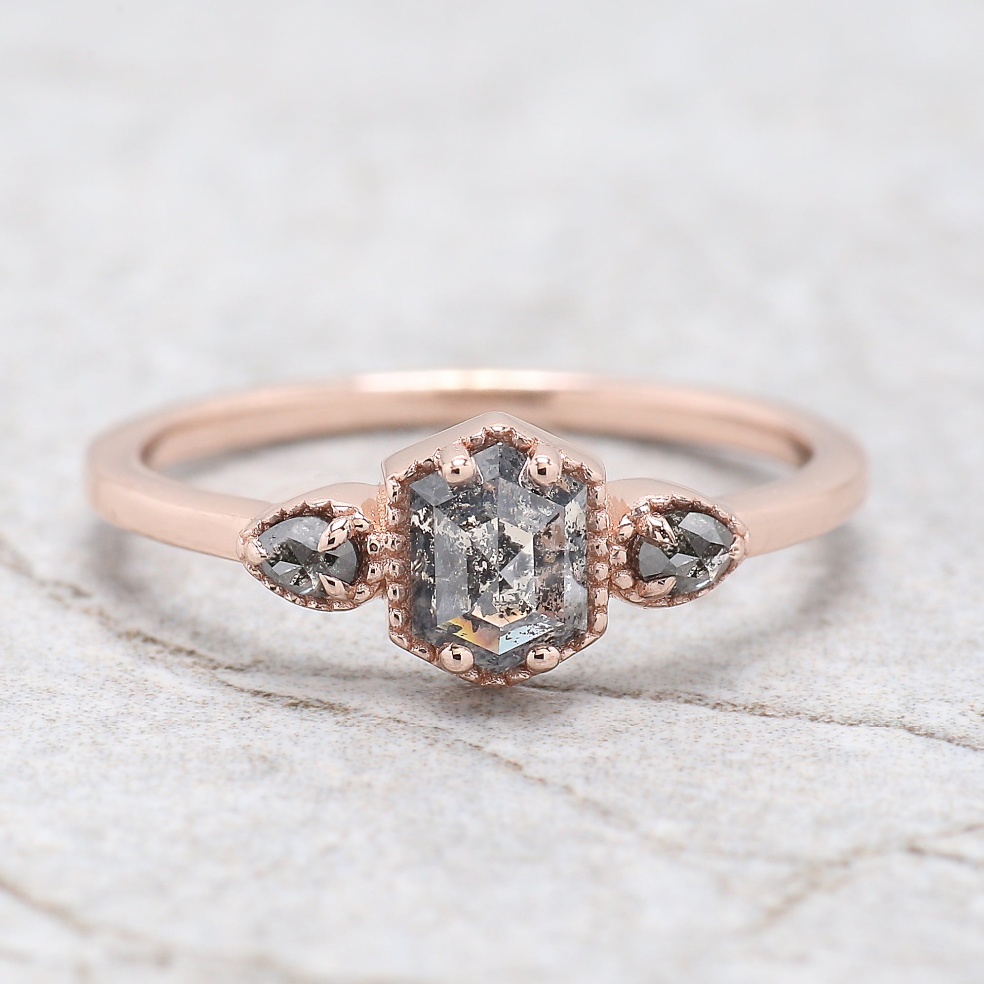 Hexagon Cut Salt And Pepper Diamond Ring 0.62 Ct 5.72 MM Hexagon Diamond Ring 14K Solid Rose Gold Silver Engagement Ring Gift For Her QK2593