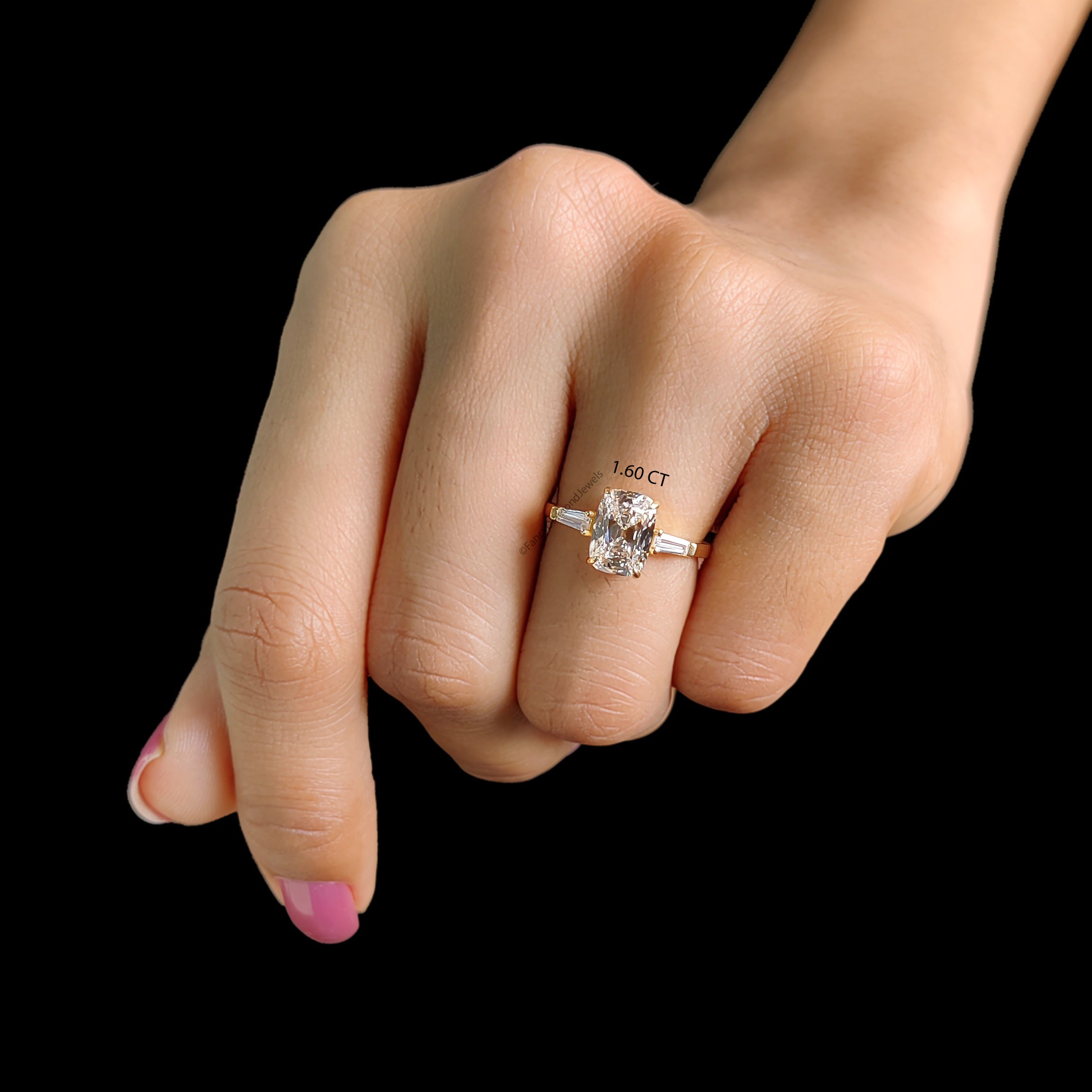 Old Mine Cut Diamond Three Stone Engagement Ring, Cushion and Tapered Baguette Diamond Ring, 3 Stone Wedding Ring, Anniversary Gifts FD559
