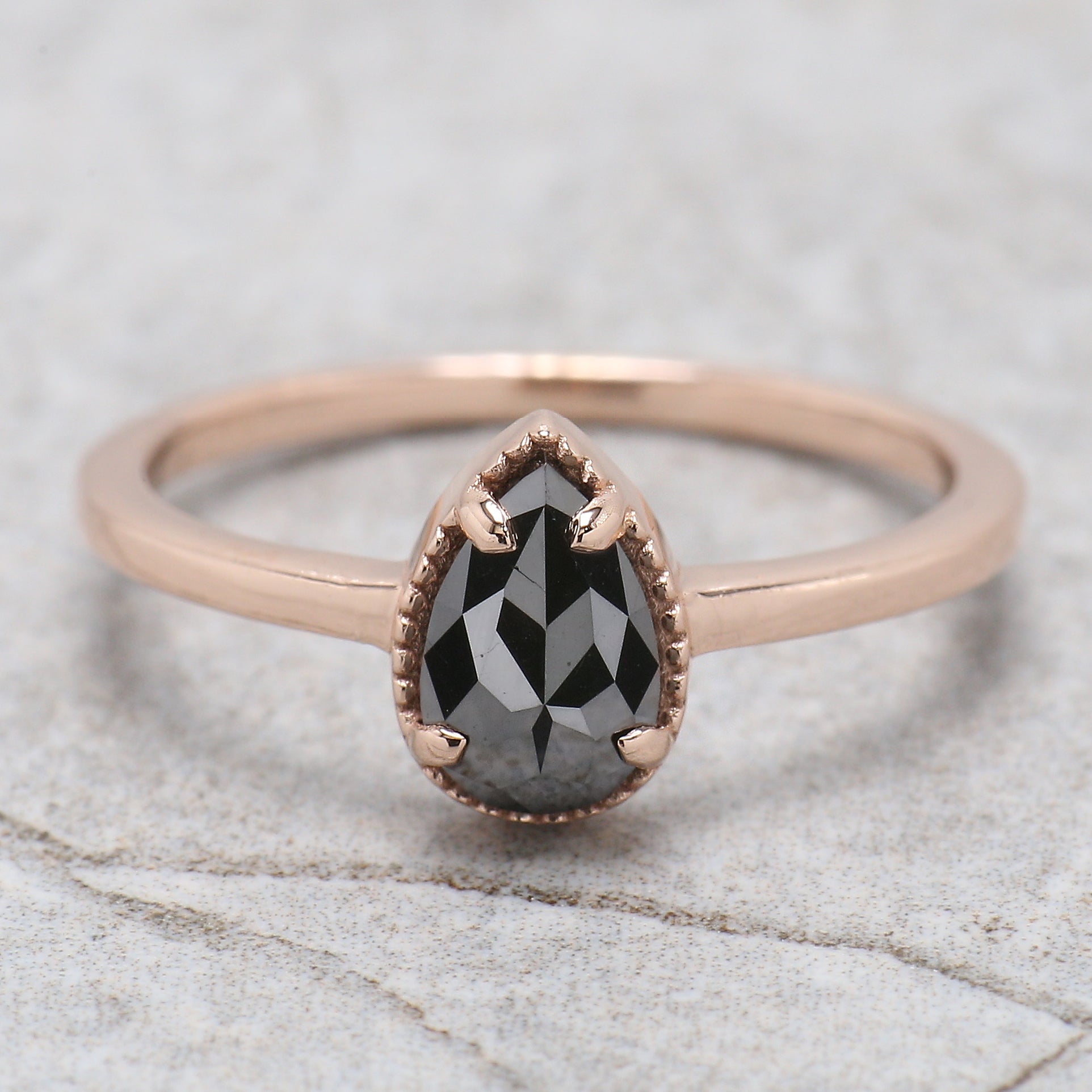 Pear Cut Black Color Diamond Ring 0.61 Ct 7.37 MM Pear Shape Diamond Ring 14K Solid Rose Gold Silver Pear Engagement Ring Gift For Her QN2270