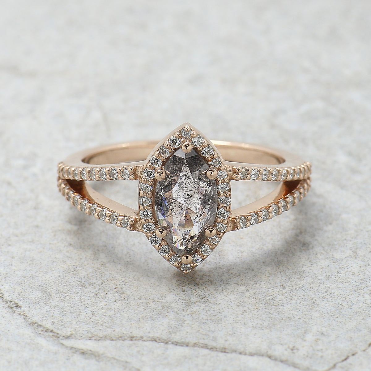 Marquise Salt and Pepper Diamond Engagement Ring, 14K Rose Gold Ring, Unique Geometric Diamond Ring, Minimalist Fine Jewelry Gift KDL3686