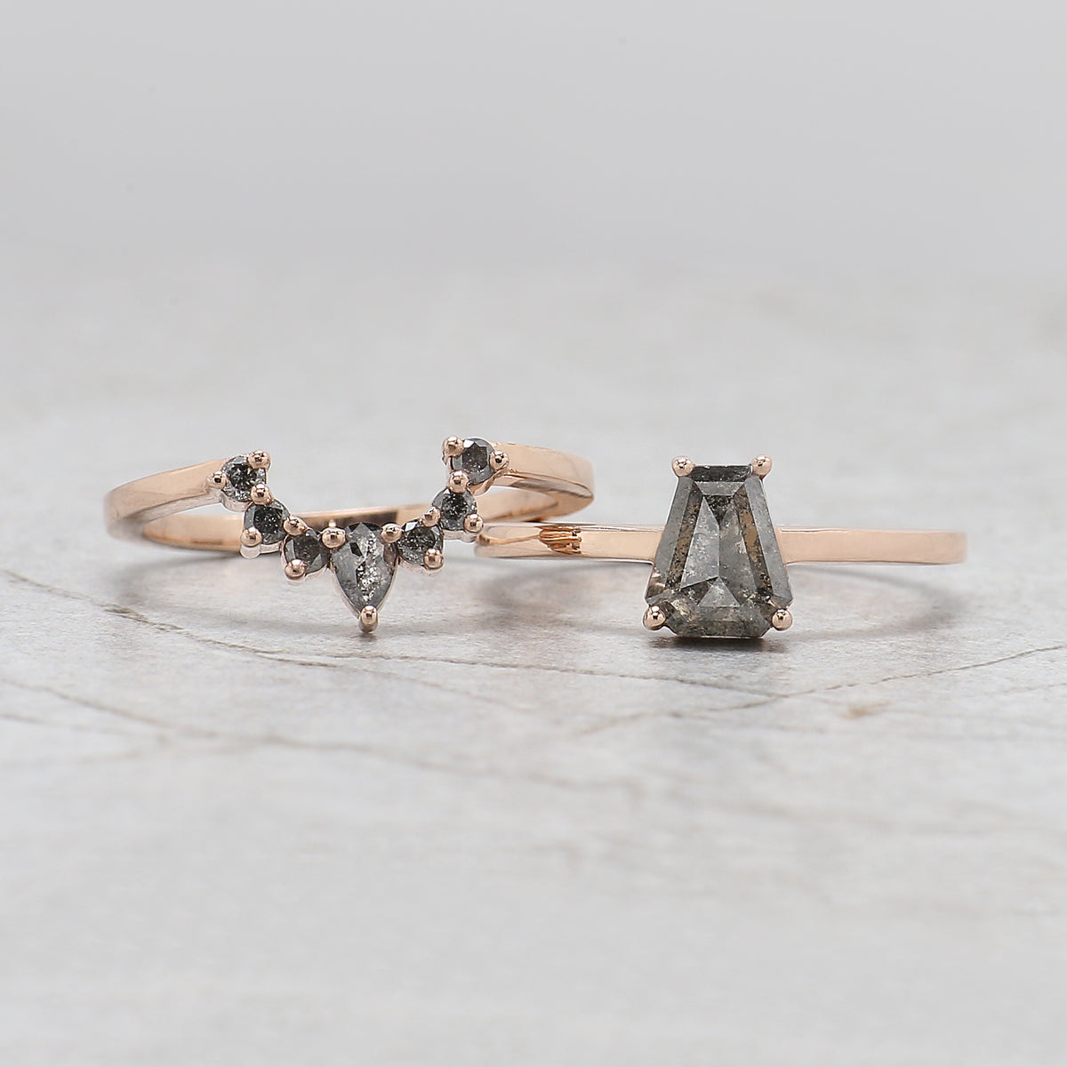 Coffin Shape Salt and Pepper Diamond Ring, 14K Rose Gold Coffin Engagement Ring, Bridal Ring Set, Unique Diamond Ring Gift for Her KDL3677