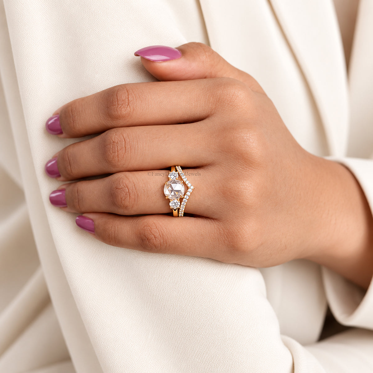 1.50 CT Round Rose Cut Engagement Ring Set In Solid Yellow 10K/14k/18k Gold Round Solitaire Engagement Ring Bridal Wedding Ring Set FD609