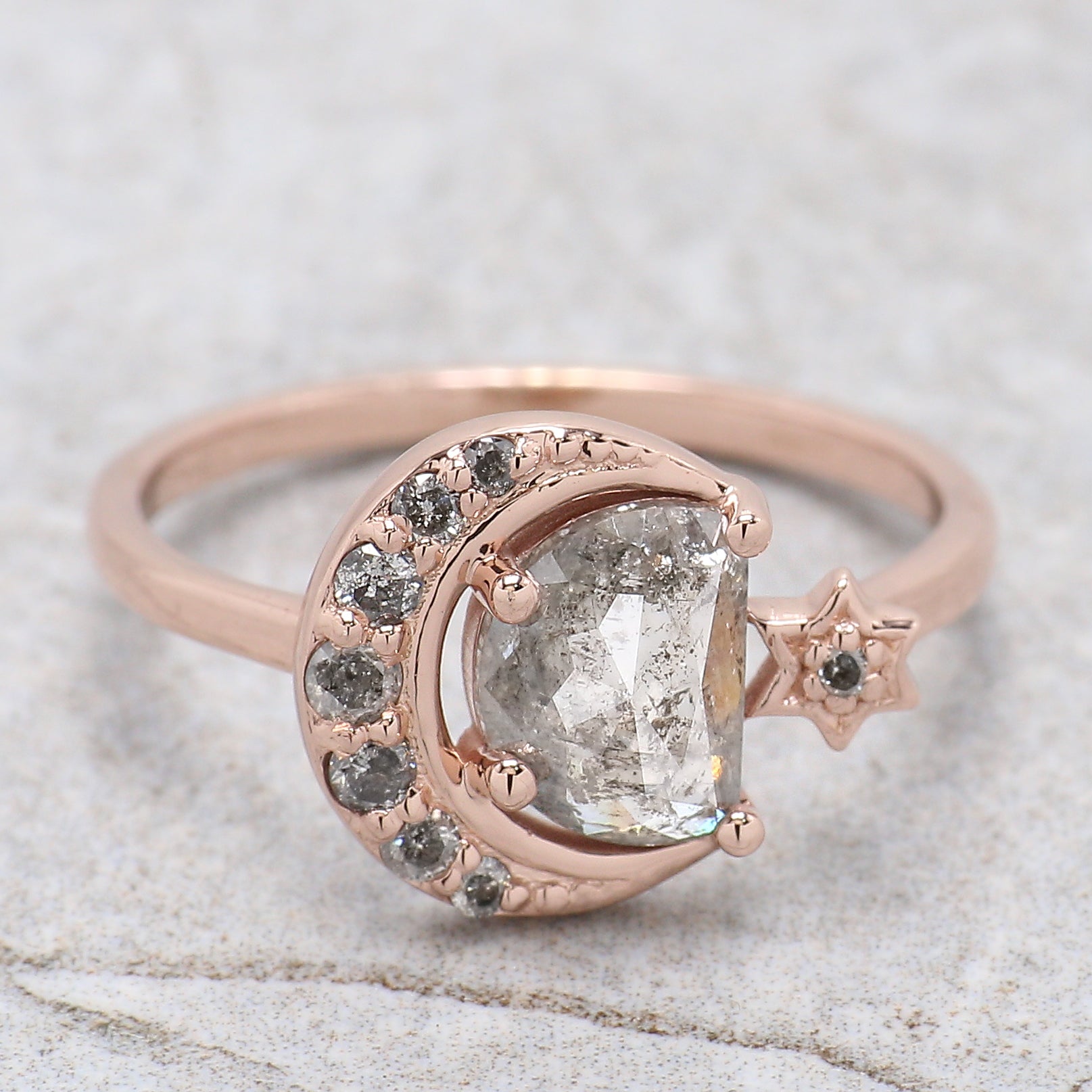 Half Moon Salt And Pepper Diamond Ring 0.94 Ct 7.30 MM Half Moon Diamond Ring 14K Solid Rose Gold Silver Engagement Ring Gift For Her QN725