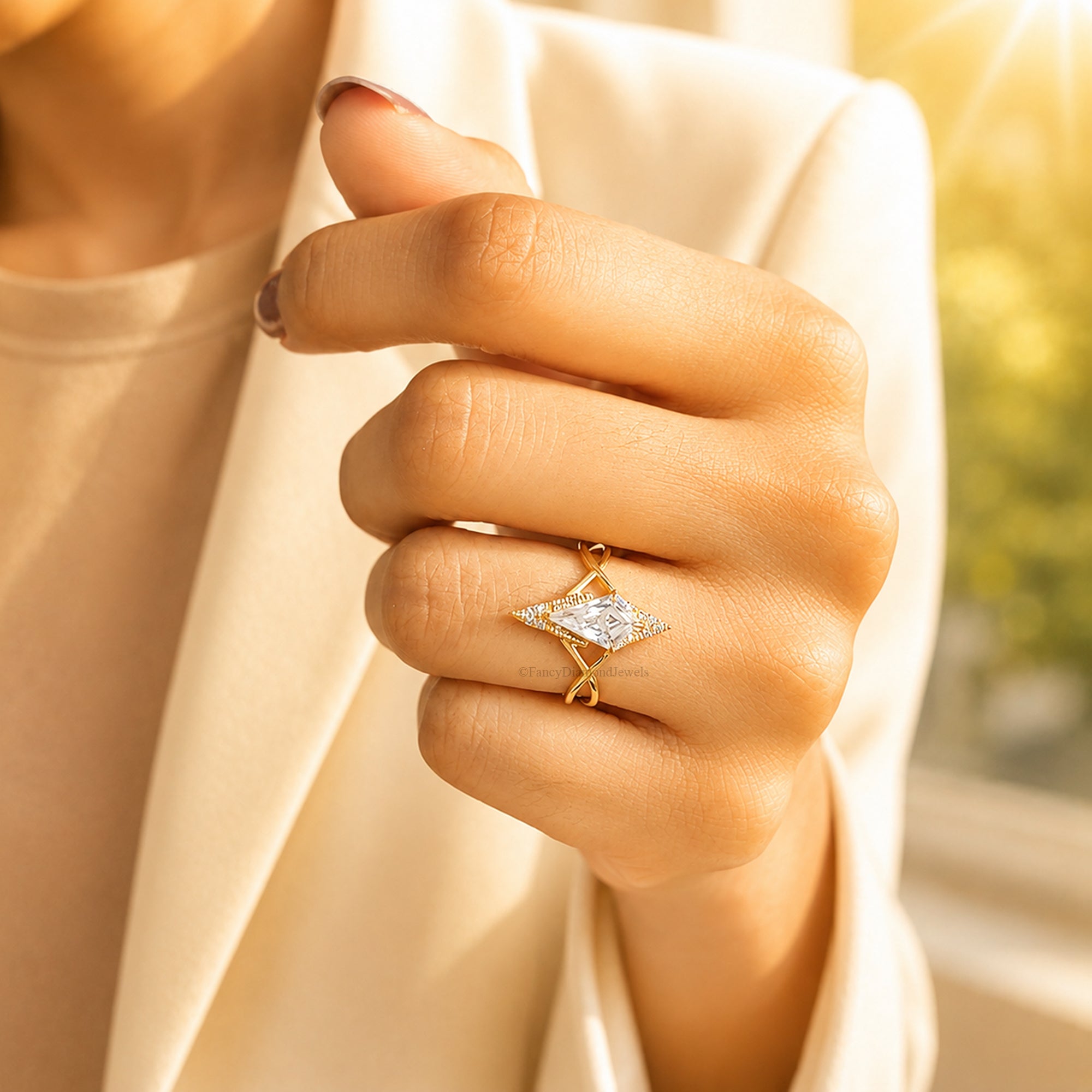 Kite Shape Moissanite Ring, Geometric 14K Gold Engagement Ring, Modern Statement Jewelry, Lab Created Diamond, Unique Bridal Gift FD581