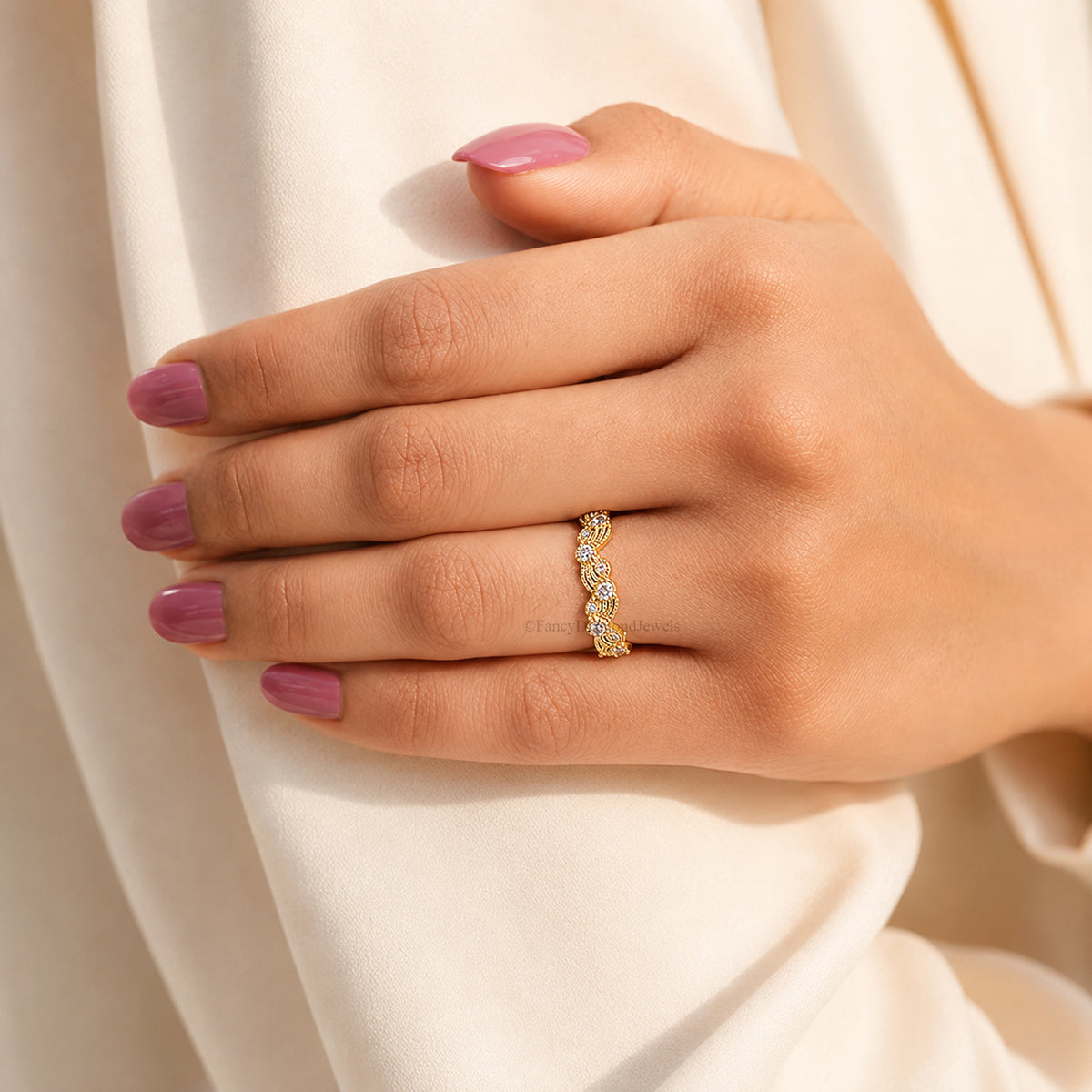 Leaf & Vine Art Deco Wedding Ring, Vintage Nature Ring, Half Eternity Ring, Round Ring, Unique Vintage Band, Wedding Band For Her FD604