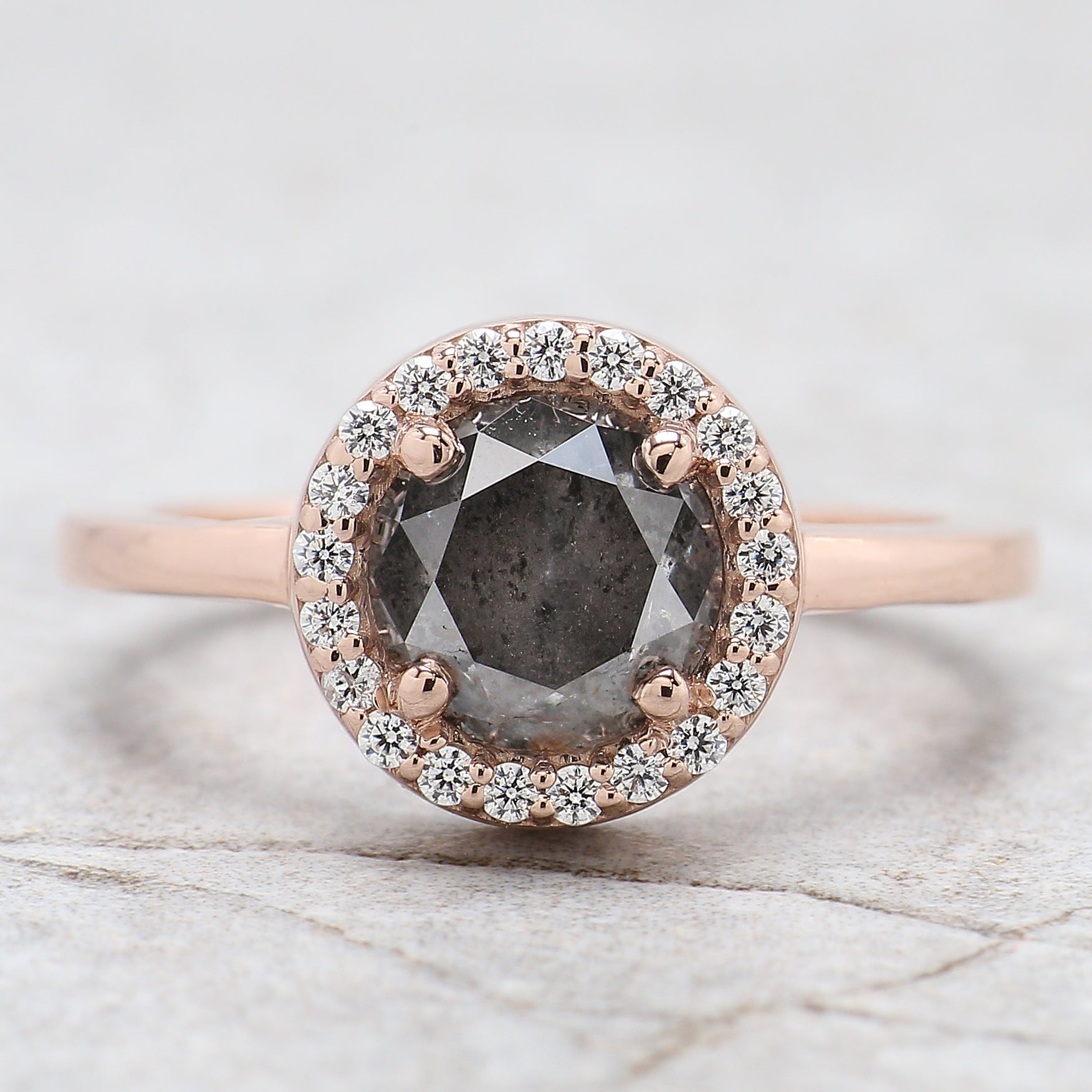 Round Cut Salt And Pepper Diamond Ring 1.69 Ct 7.20 MM Round Diamond Ring 14K Solid Rose Gold Silver Engagement Ring Gift For Her QL9282