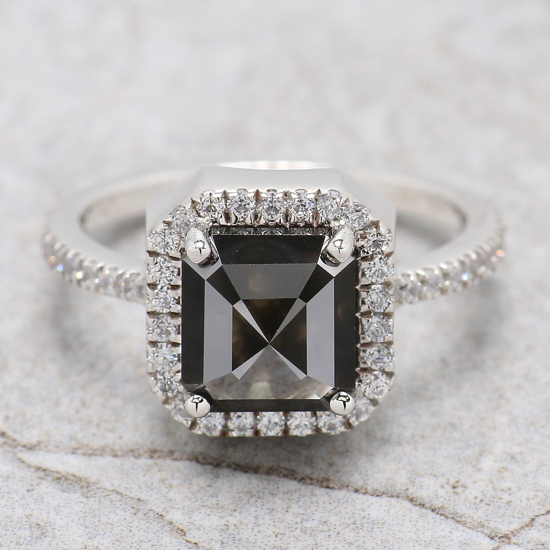 Emerald Cut Salt And Pepper Diamond Ring 3.05 Ct 7.90 MM Emerald Diamond Ring 14K Solid White Gold Silver Engagement Ring Gift For Her QL9503