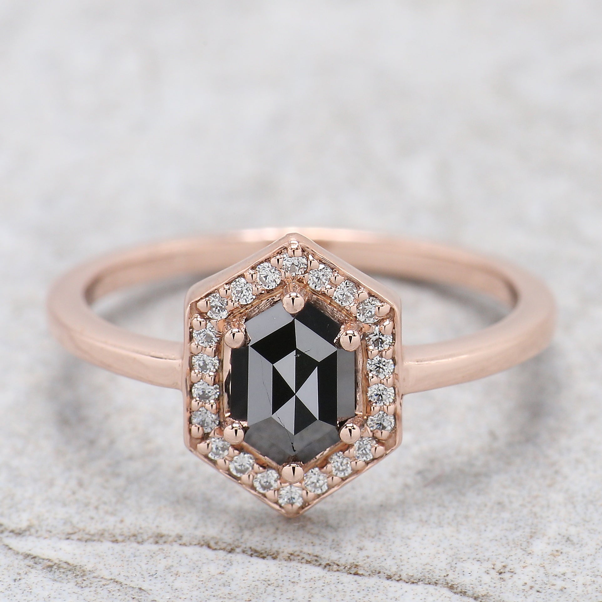 Hexagon Cut Black Color Diamond Ring 0.56 Ct 6.84 MM Hexagon Diamond Ring 14K Rose Gold Silver Hexagon Engagement Ring Gift For Her QN2233