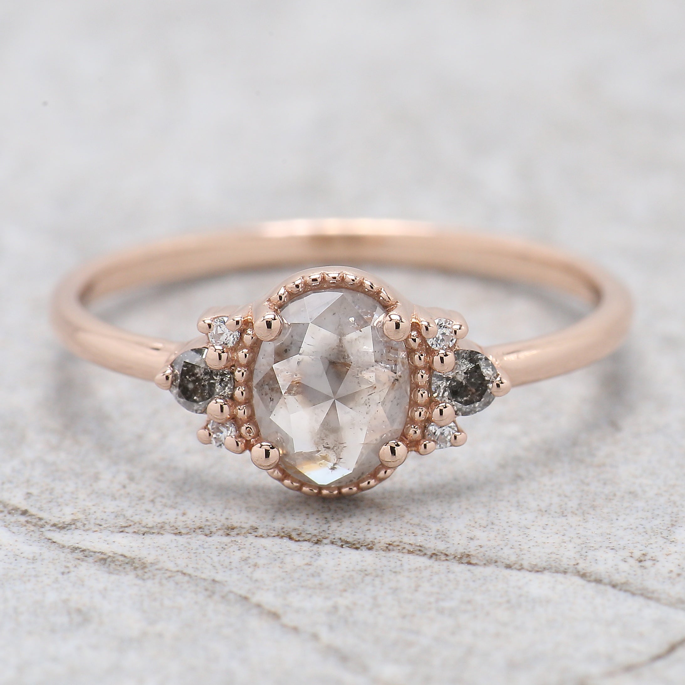 Oval Cut Salt And Pepper Diamond Ring 0.68 Ct 6.27 MM Oval Diamond Ring 14K Solid Rose Gold Silver Oval Engagement Ring Gift For Her QN2185