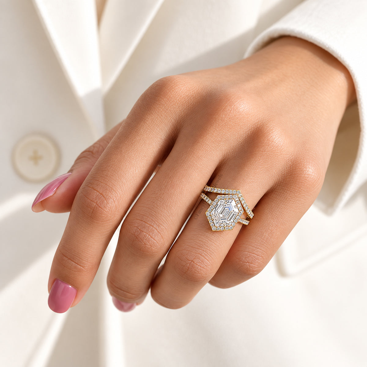 2.35 CT Hexagon Cut Engagement Ring set in Solid Yellow 10K/14k/18k Gold Hexagon Cut Solitaire Engagement Ring Bridal Wedding Ring Set FD605