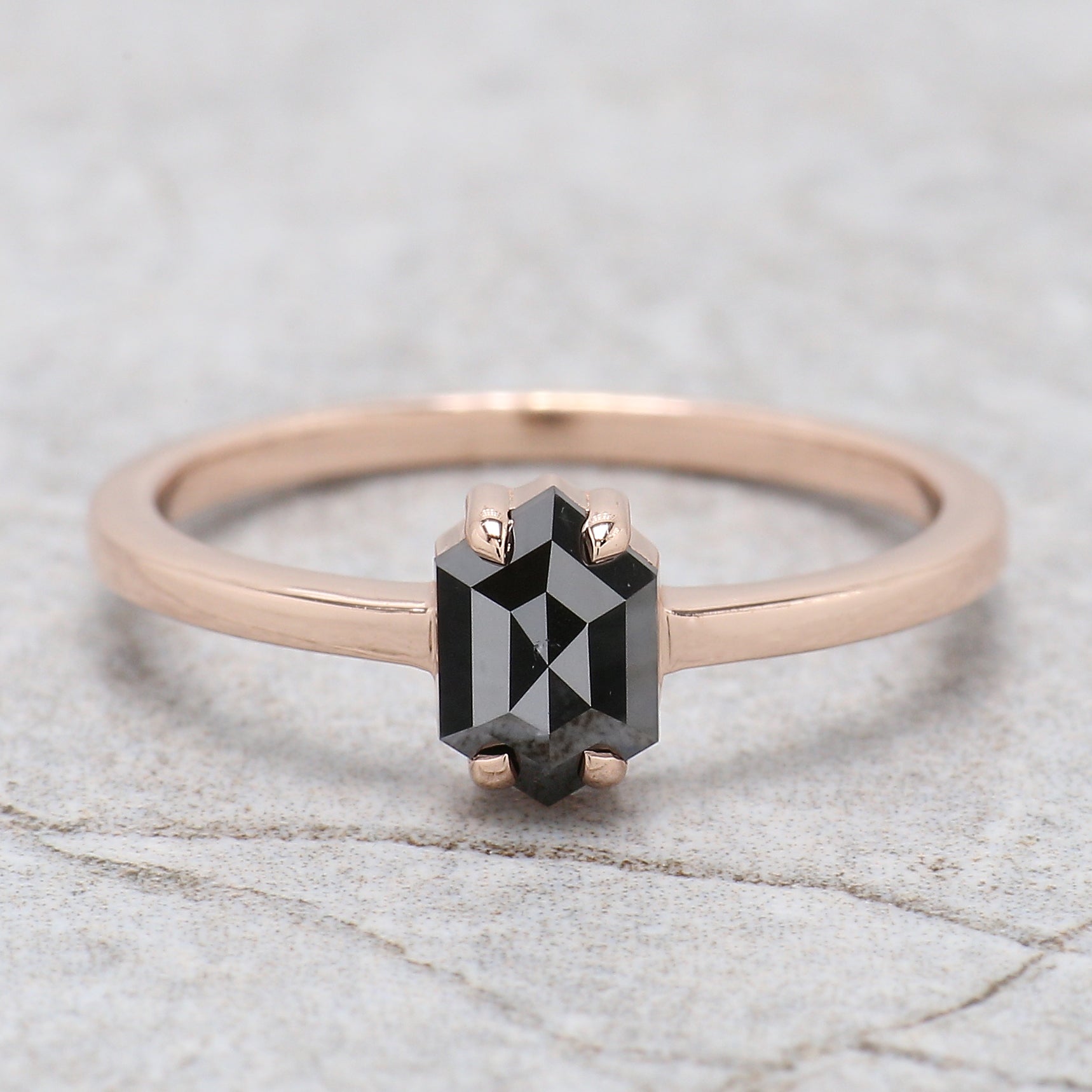 Hexagon Black Color Diamond Ring 0.88 Ct 6.70 MM Hexagon Shape Diamond Ring 14K Solid Rose Gold Silver Engagement Ring Gift For Her QN2274