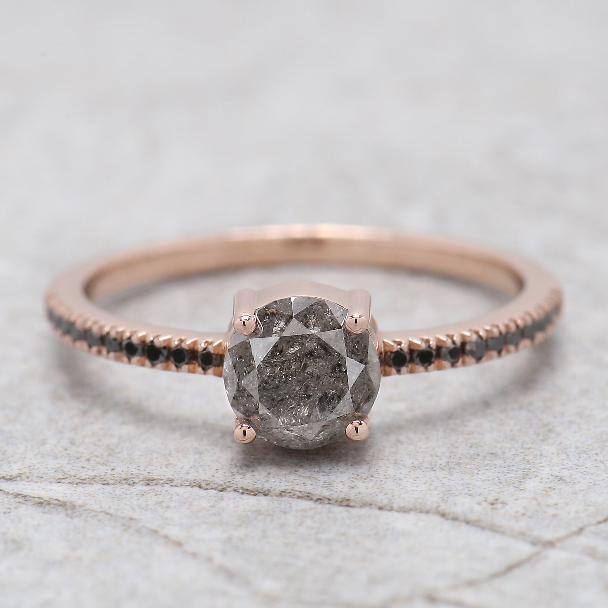 Round Cut Salt And Pepper Diamond Ring 0.87 Ct 5.80 MM Round Diamond Ring 14K Solid Rose Gold Silver Engagement Ring Gift For Her QN9140