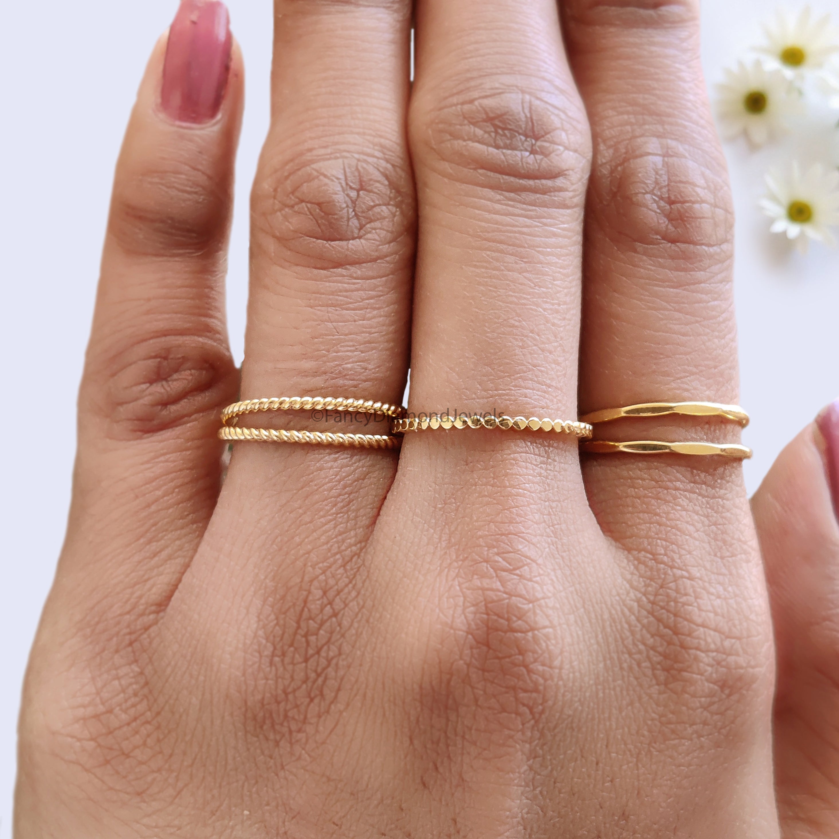 Handmade Filled Stackable 5 Rings Set Simple Wedding Band Yellow Gold Unique Wedding Band Minimal Dainty Stacking Band Gift For Her FD540