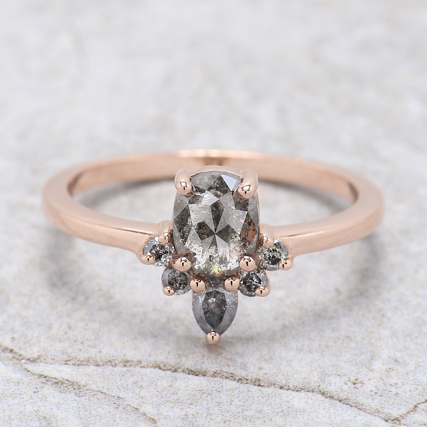 Oval Cut Salt And Pepper Diamond Ring 0.79 Ct 6.05 MM Oval Diamond Ring 14K Solid Rose Gold Silver Oval Engagement Ring Gift For Her KD1105