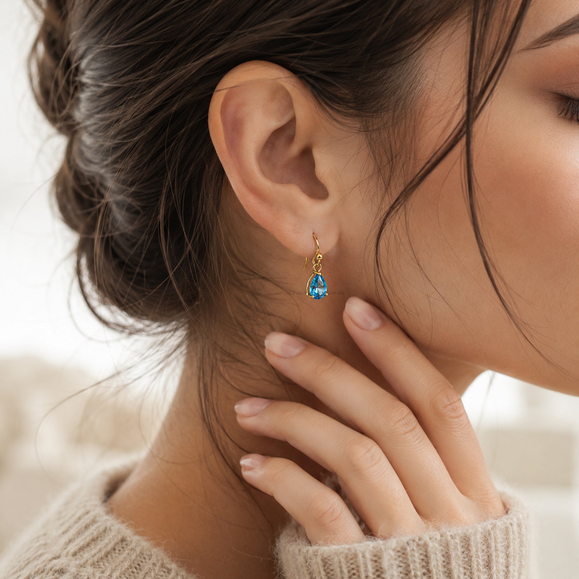 Pear Shape Topaz Blue CZ Droplet Drop Earrings in Sterling Silver, Wedding Earrings, Dainty Anniversary Gift For Her, Hook Earrings FD598