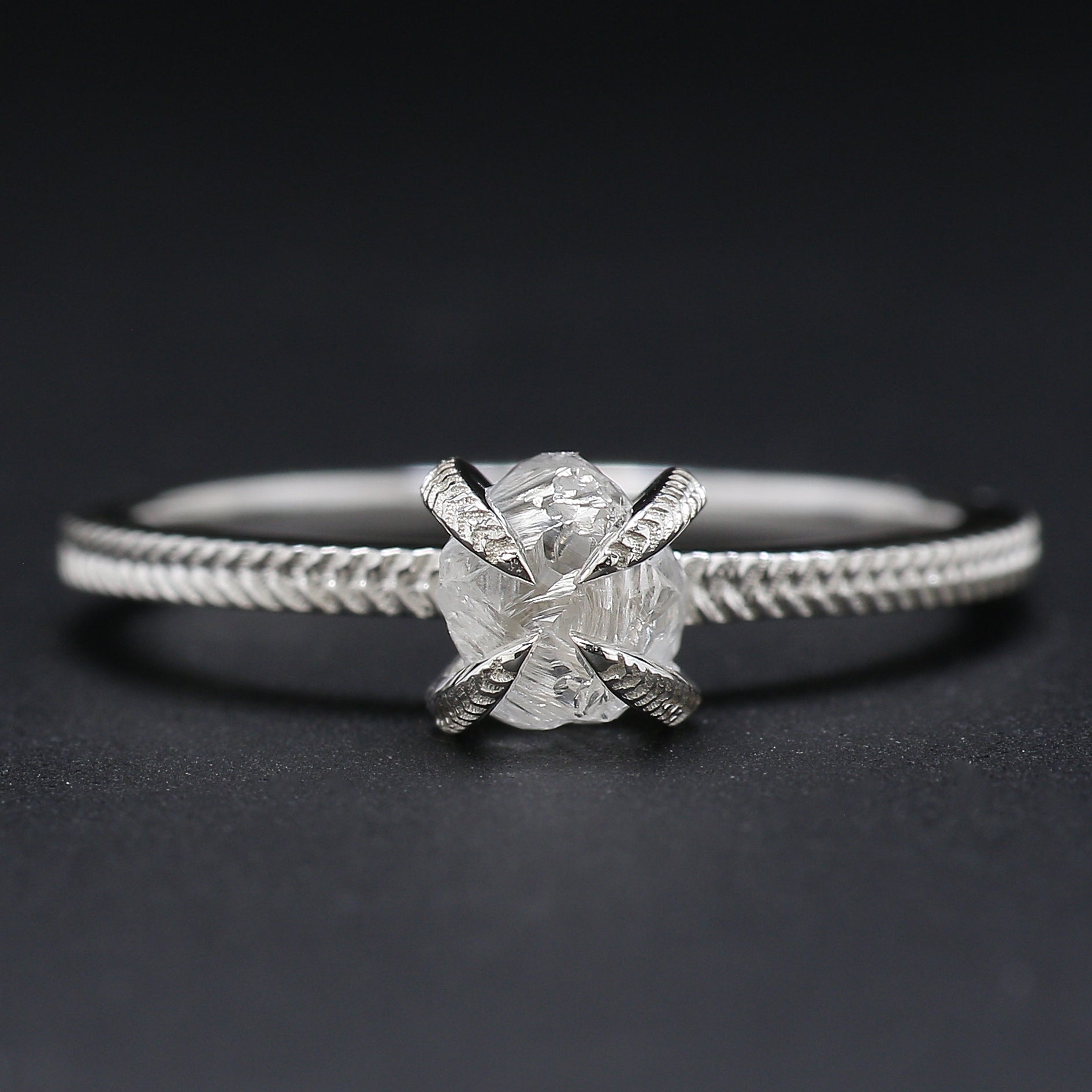Rough White-F Color Diamond Ring 0.97 Ct 5.39 MM Crystal Rough Diamond Ring 14K Solid White Gold Silver Engagement Ring Gift For Her QL2470