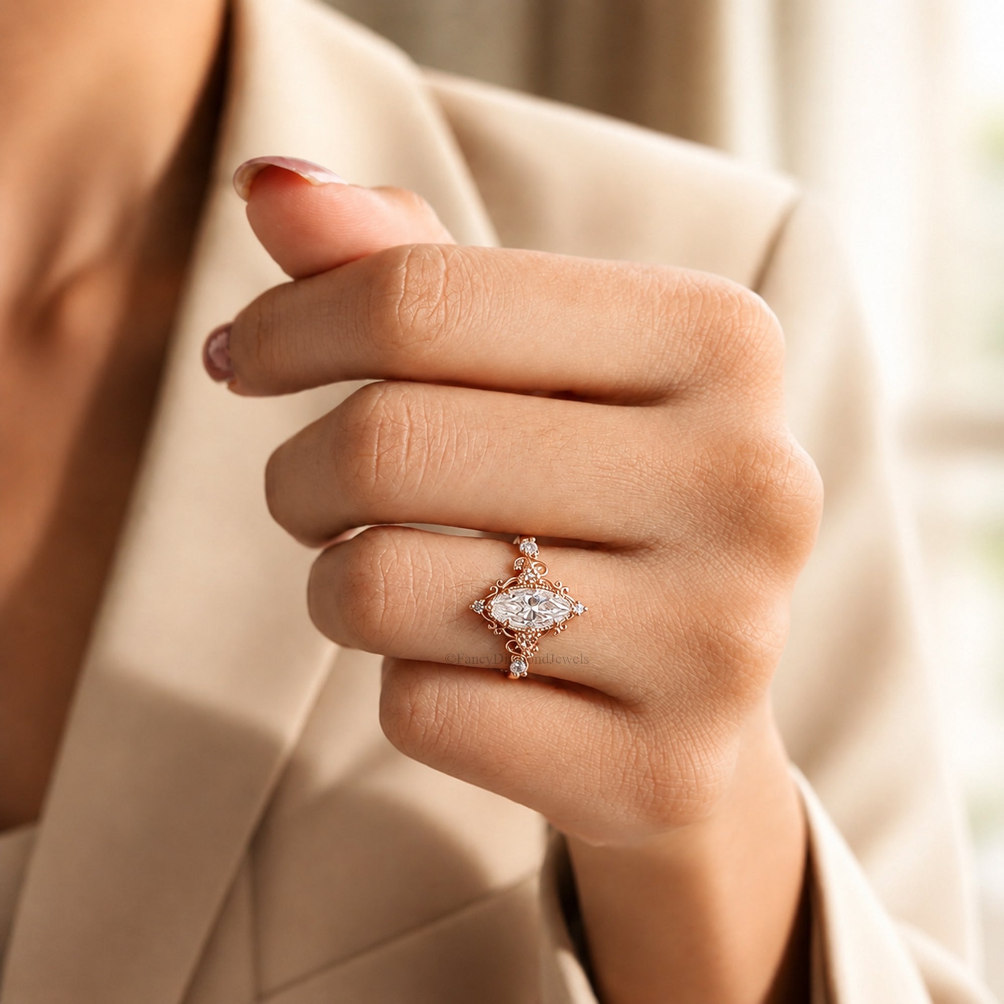 Floral Marquise Cut Moissanite Elegant Ring Nature Inspire Art Deco Engagement Ring in 14K Solid Yellow Gold Ring Unique Bridal Gift FD583