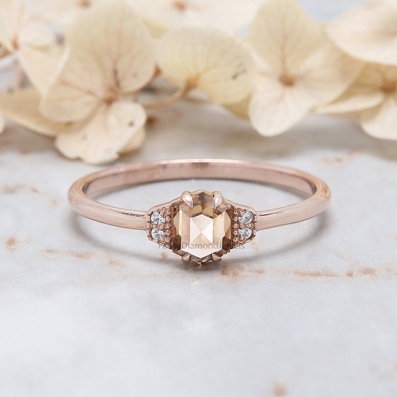 Hexagon Cut Brown Color Diamond Ring 0.51 Ct 5.20 MM Hexagon Diamond Ring 14K Solid Rose Gold Silver Engagement Ring Gift For Her QL655