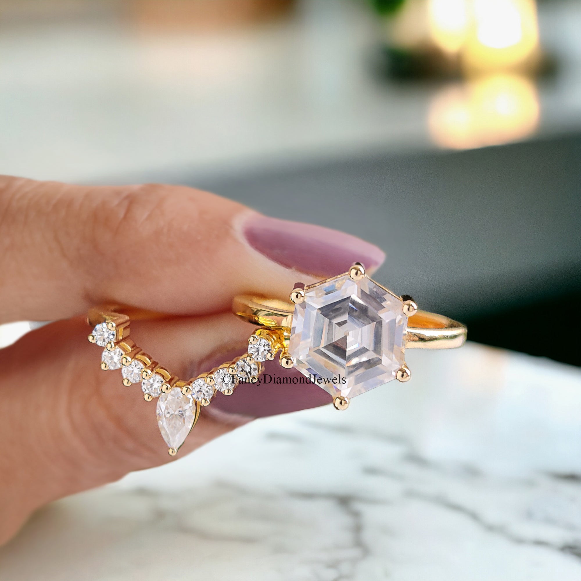 Vintage Moissanite Engagement Ring Set 3.00 CT Moissanite Ring Hexagon Yellow Gold Crown Ring Unique Stacking Ring Diamond Cluster Ring FD82