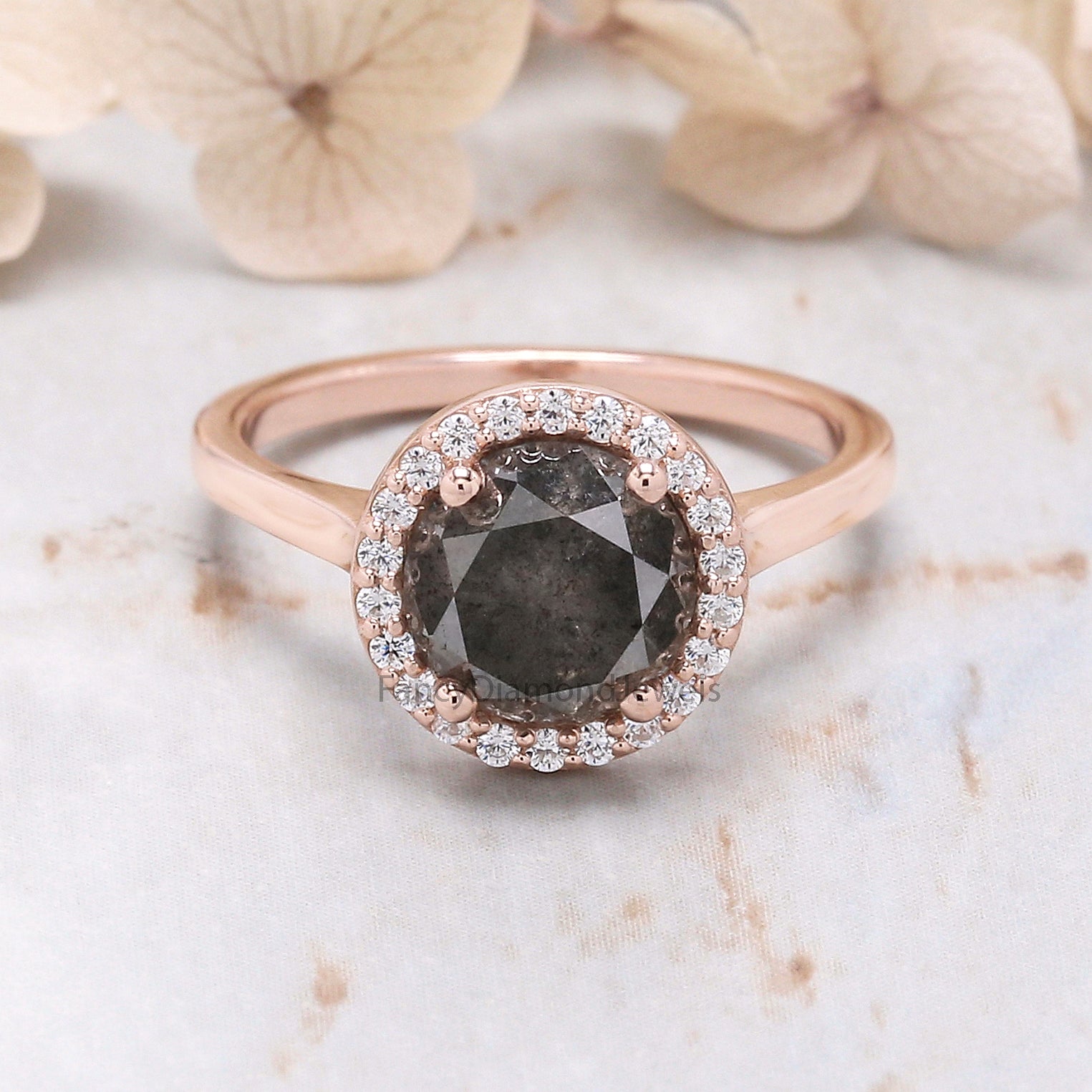 Round Cut Salt And Pepper Diamond Ring 2.68 Ct 7.80 MM Round Diamond Ring 14K Solid Rose Gold Silver Engagement Ring Gift For Her QK1989