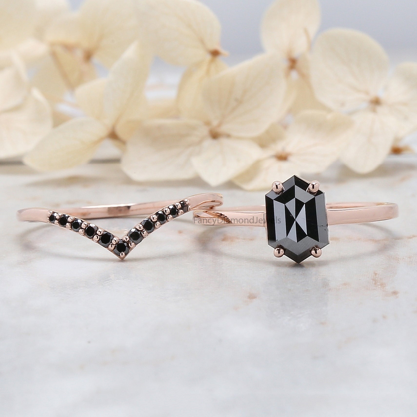 1.13 Ct Natural Hexagon Shape Black Color Diamond Ring 7.90 MM Hexagon Diamond Ring 14K Solid Rose Gold Silver Engagement Ring QL9082