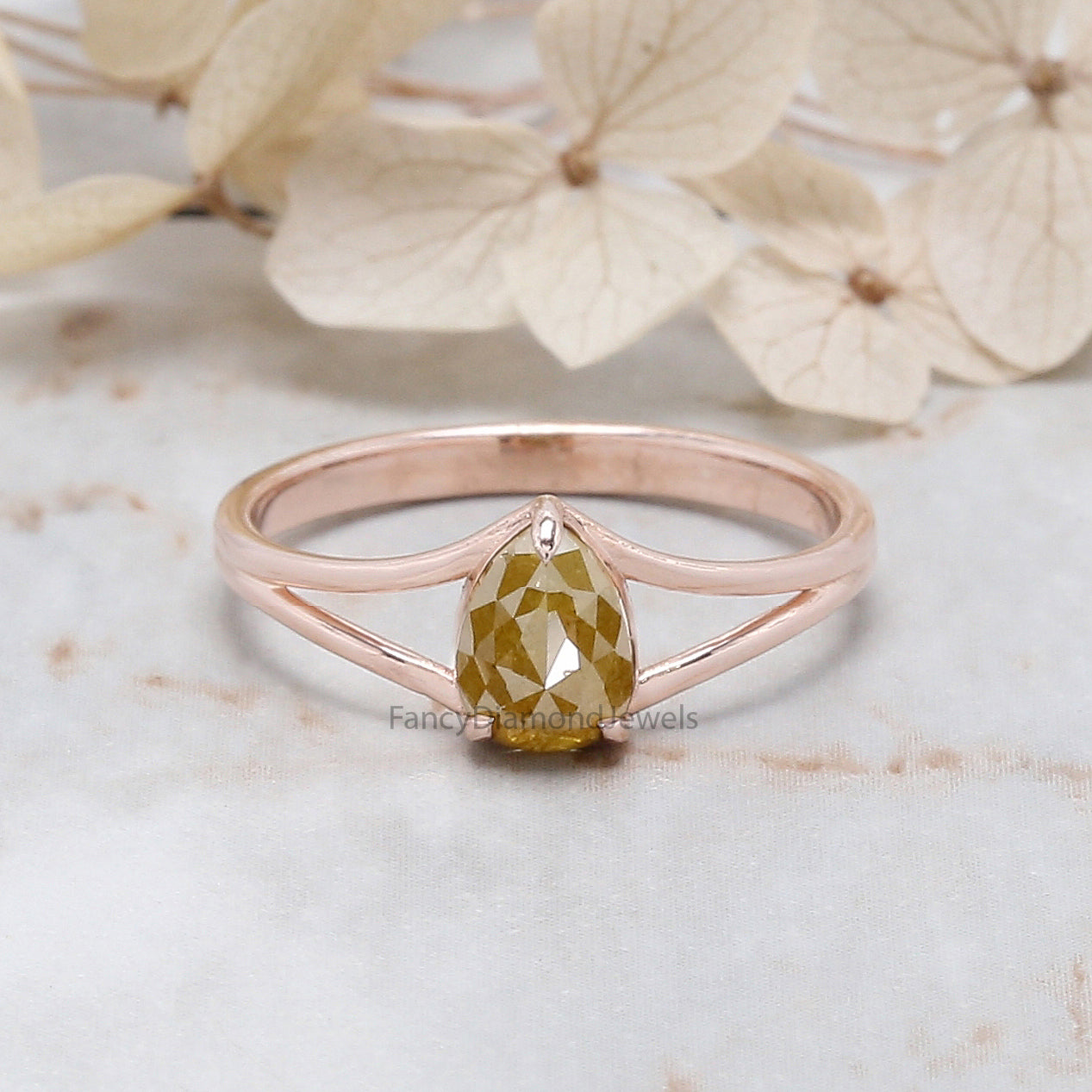 Pear Cut Yellow Color Diamond Ring 0.93 Ct 6.76 MM Pear Diamond Ring 14K Solid Rose Gold Silver Pear Engagement Ring Gift For Her QK2680