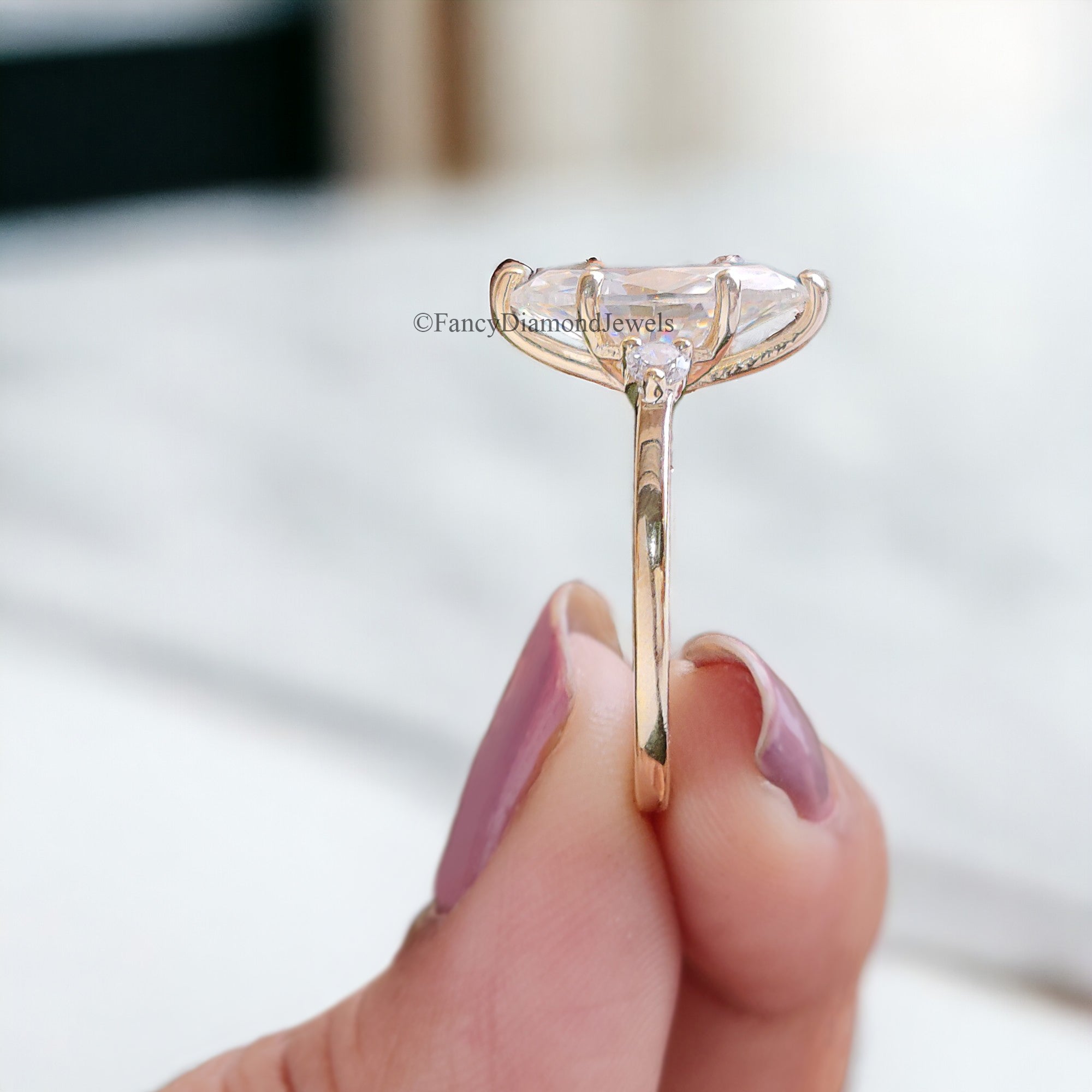 2 Carat Marquise Shape Colorless Engagement Ring With Side Accent Stones Wedding Ring Anniversary Ring 14K Solid Real Yellow Gold Ring FD74