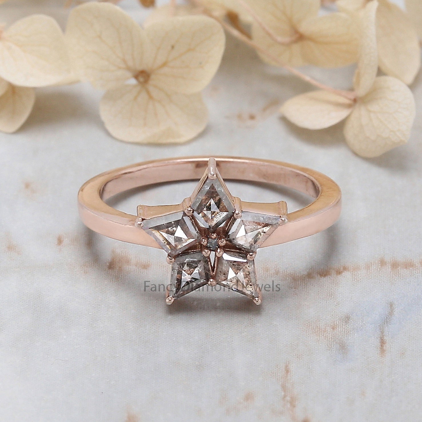 Kite Cut Salt And Pepper Diamond Ring 0.71 Ct 5.10 MM Kite Diamond Ring 14K Solid Rose Gold Silver Kite Engagement Ring Gift For Her QN1604