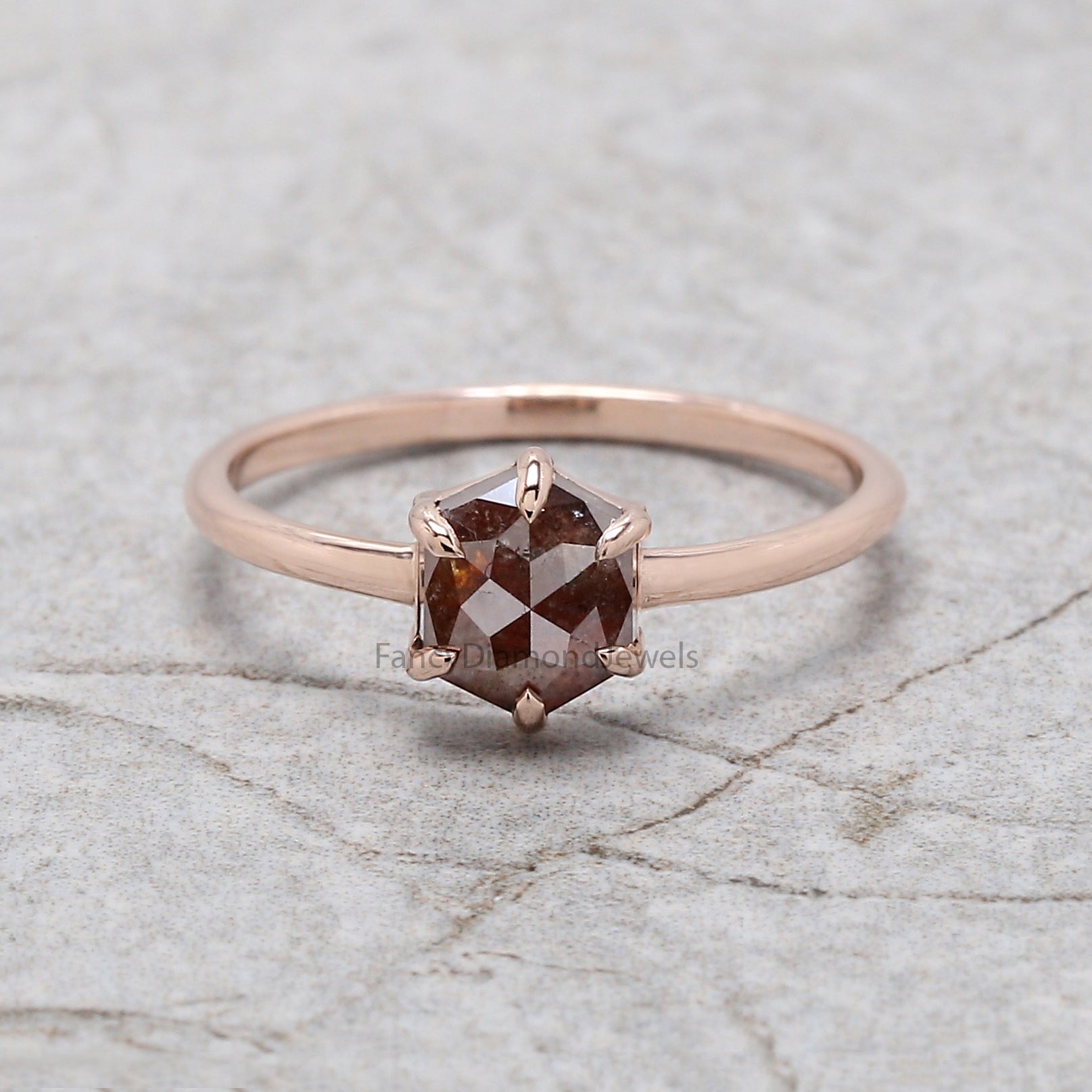 Hexagon Brown Color Diamond Ring 0.96 Ct 6.78 MM Hexagon Shape Diamond Ring 14K Solid Rose Gold Silver Engagement Ring Gift For Her QL2850
