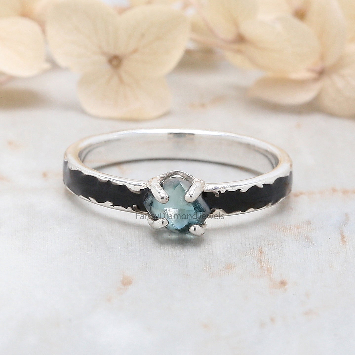 Rough Blue Color Diamond Ring 0.88 Ct 5.55 MM Crystal Rough Diamond Ring 14K Solid White Gold Silver Engagement Ring Gift For Her QL2366
