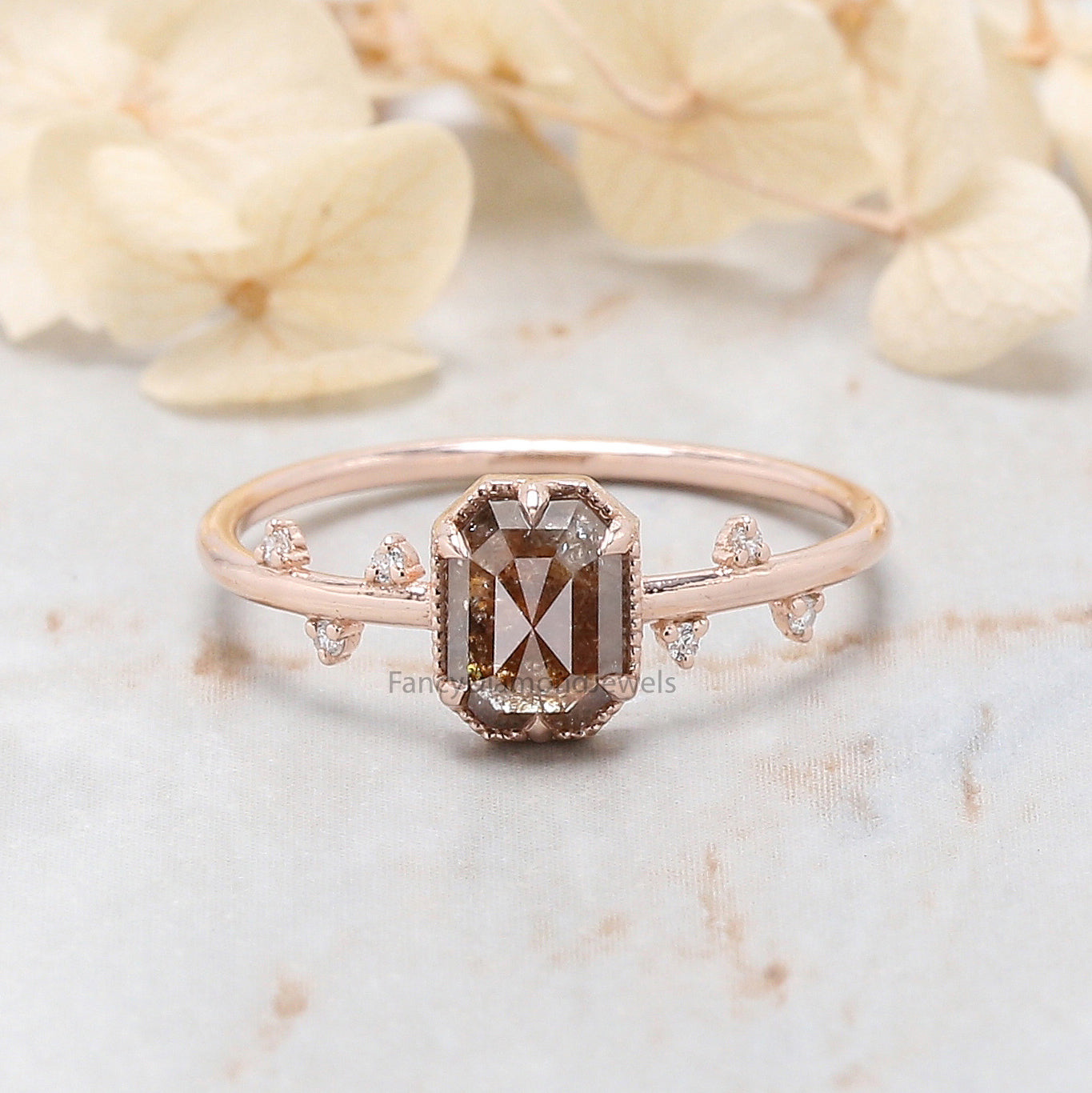 Emerald Cut Brown Color Diamond Ring 0.79 Ct 6.18 MM Emerald Shape Diamond Ring 14K Rose Gold Silver Engagement Ring Gift For Her QL652