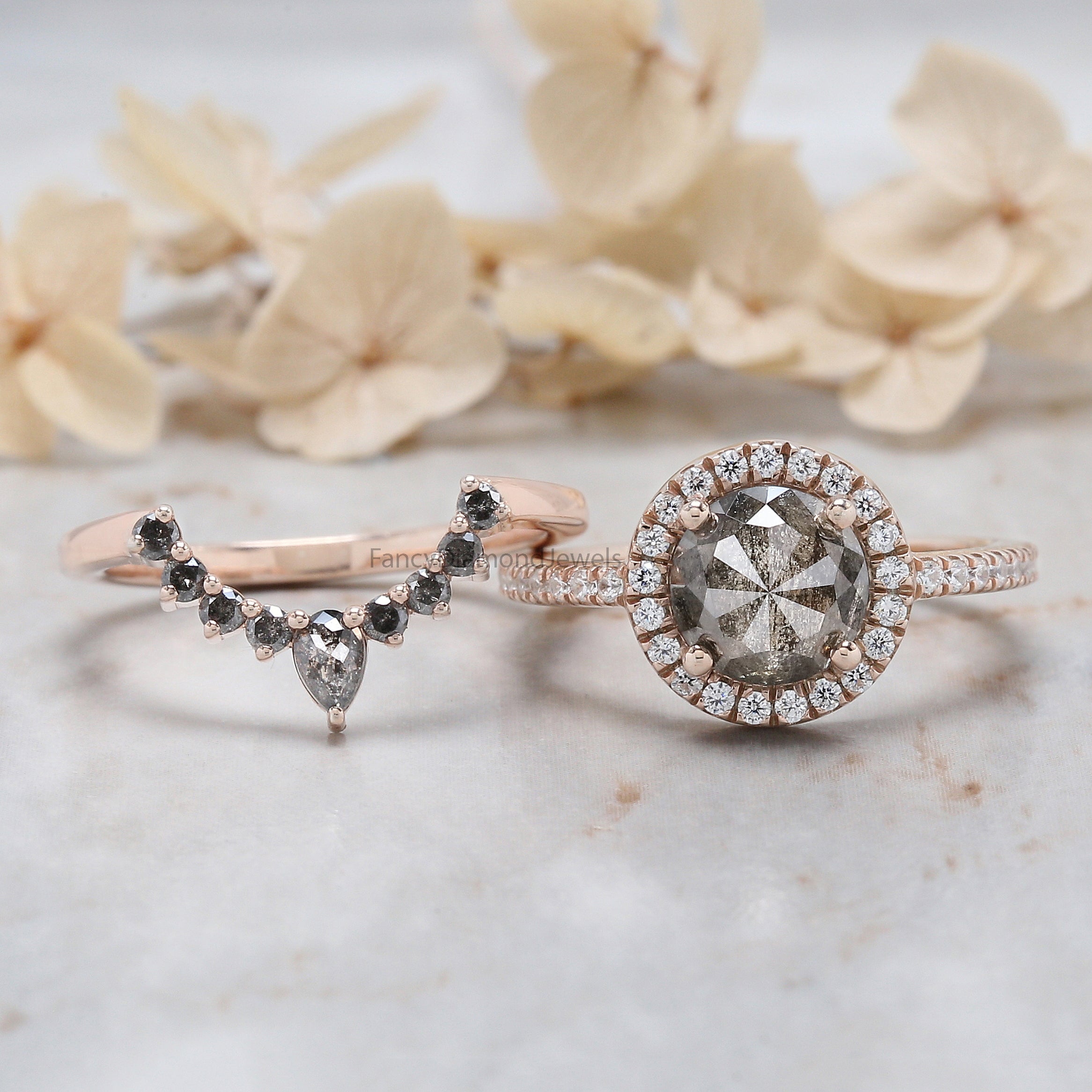 Round Rose Cut Salt And Pepper Diamond Ring 1.69 Ct 7.36 MM Round Diamond Ring 14K Rose Gold Silver Engagement Ring Gift For Her QL1949