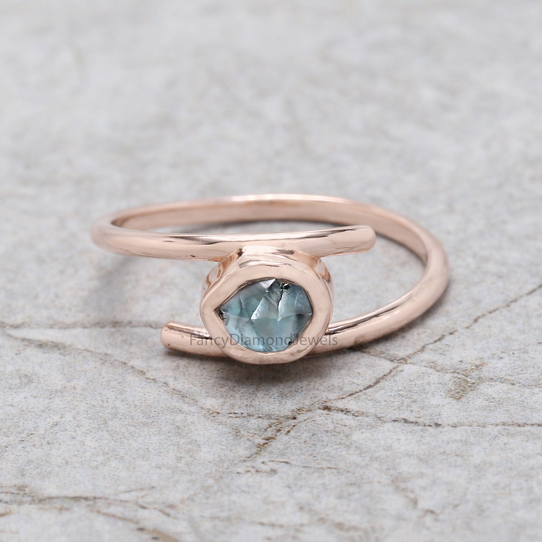 Rough Blue Color Diamond Ring 0.98 Ct 5.75 MM Crystal Rough Diamond Ring 14K Solid Rose Gold Silver Engagement Ring Gift For Her QLB2326