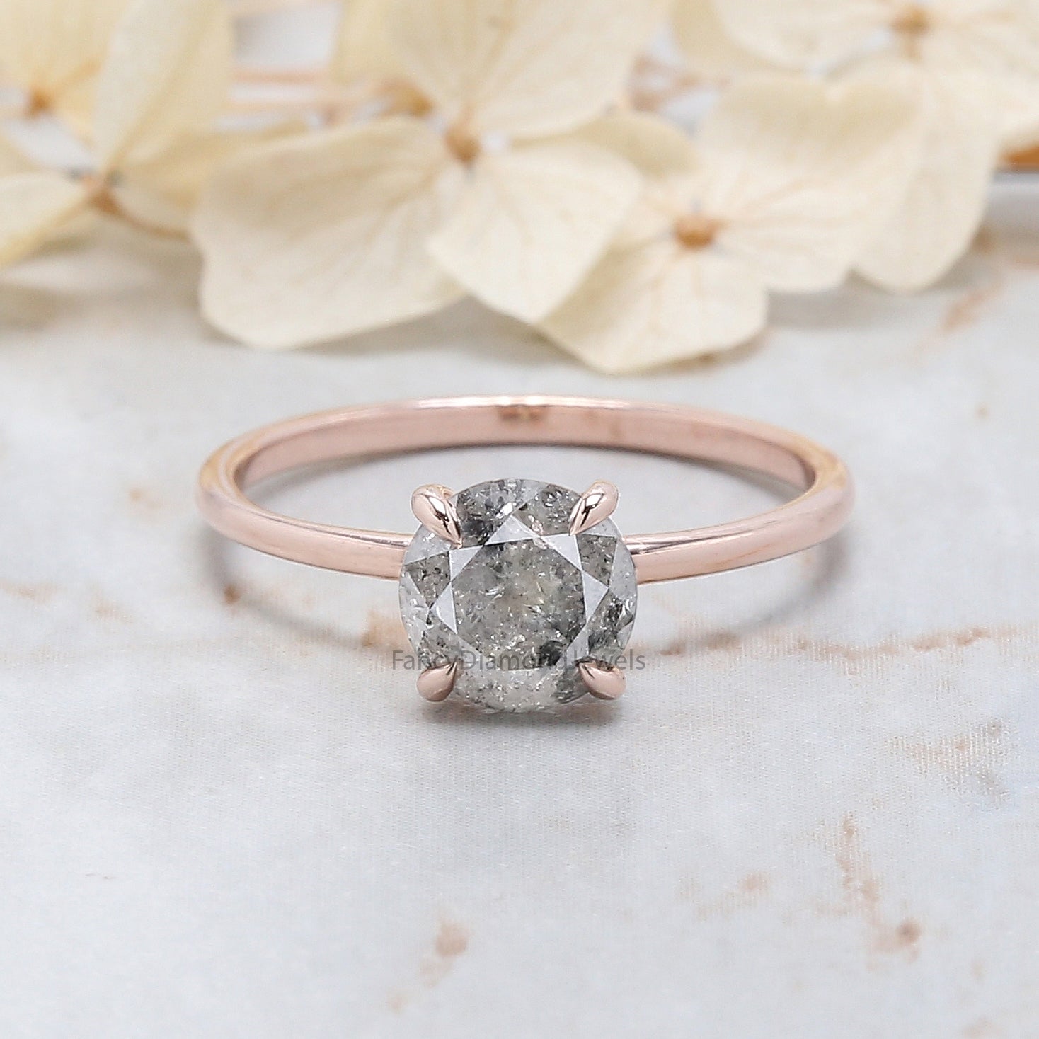Round Cut Salt And Pepper Diamond Ring 1.31 Ct 6.76 MM Round Diamond Ring 14K Solid Rose Gold Silver Engagement Ring Gift For Her QL2032