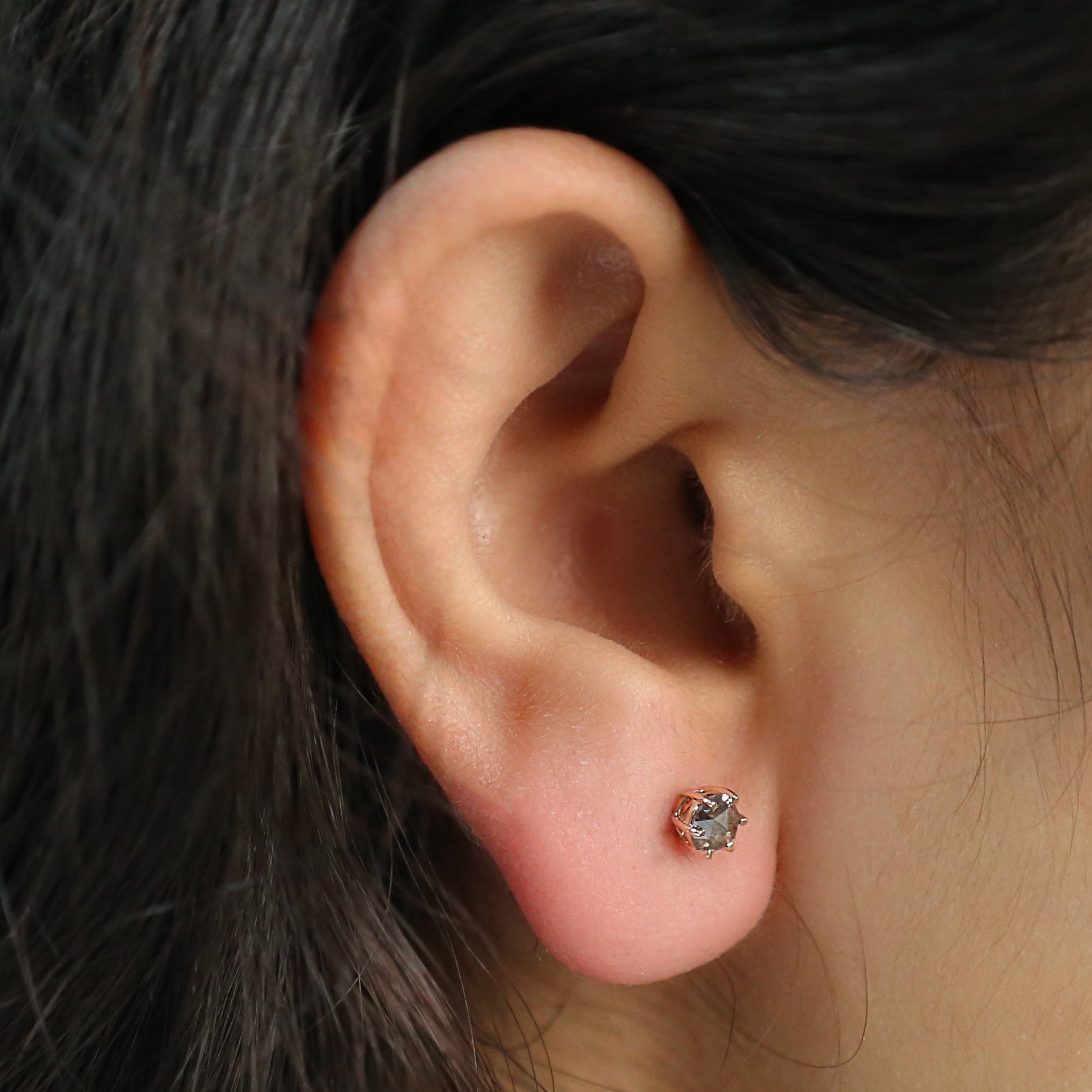 Round Rose Cut Salt And Pepper Diamond Earring 0.60 Ct 4.20 MM Round Diamond Earring 14K Solid Rose Gold Silver Earring Gift For Her KDN9314