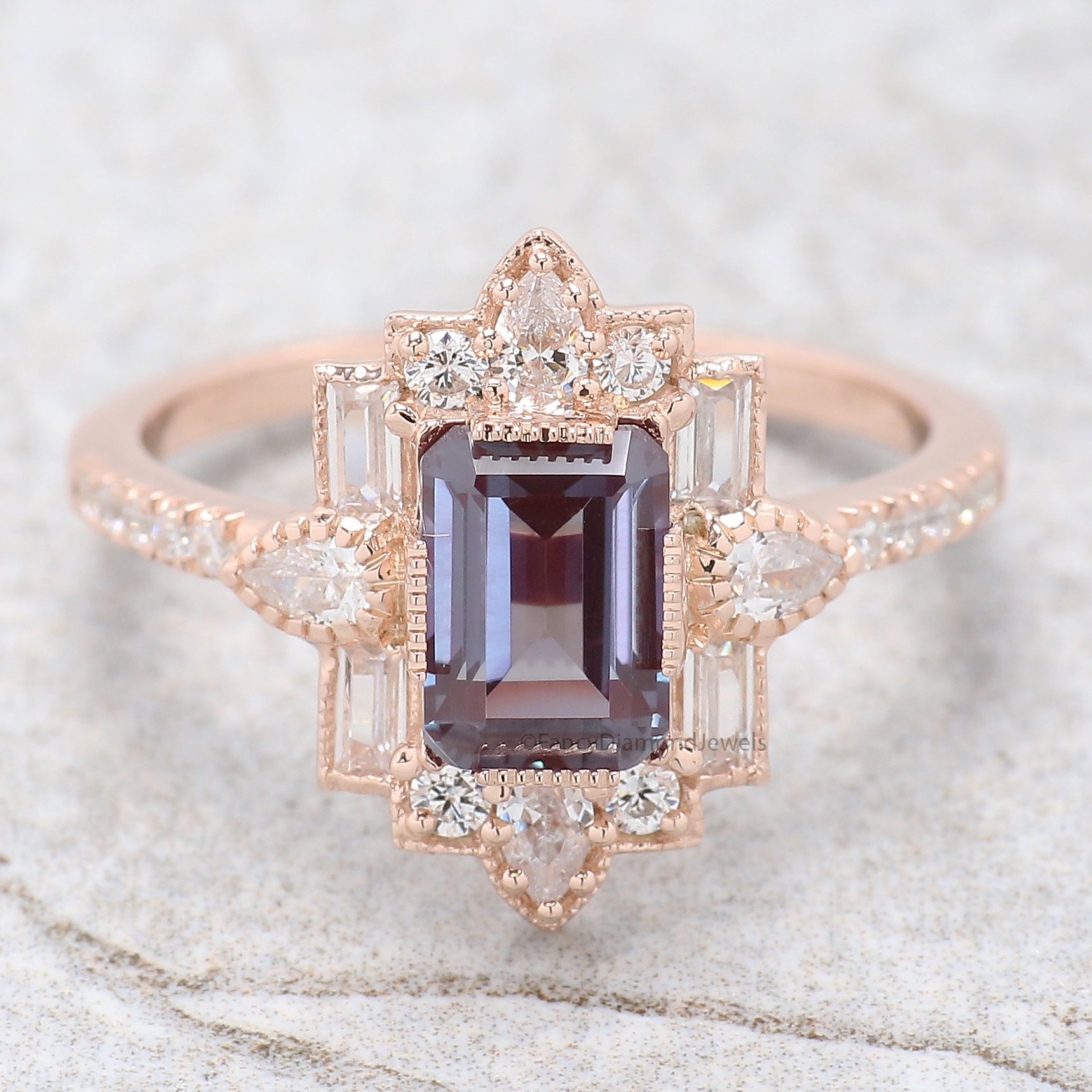 1.55 CT Emerald Cut Lab Alexandrite Engagement Ring Baguette wedding ring Unique art deco Ring Pear halo Starburst ring Gift For Her FD416